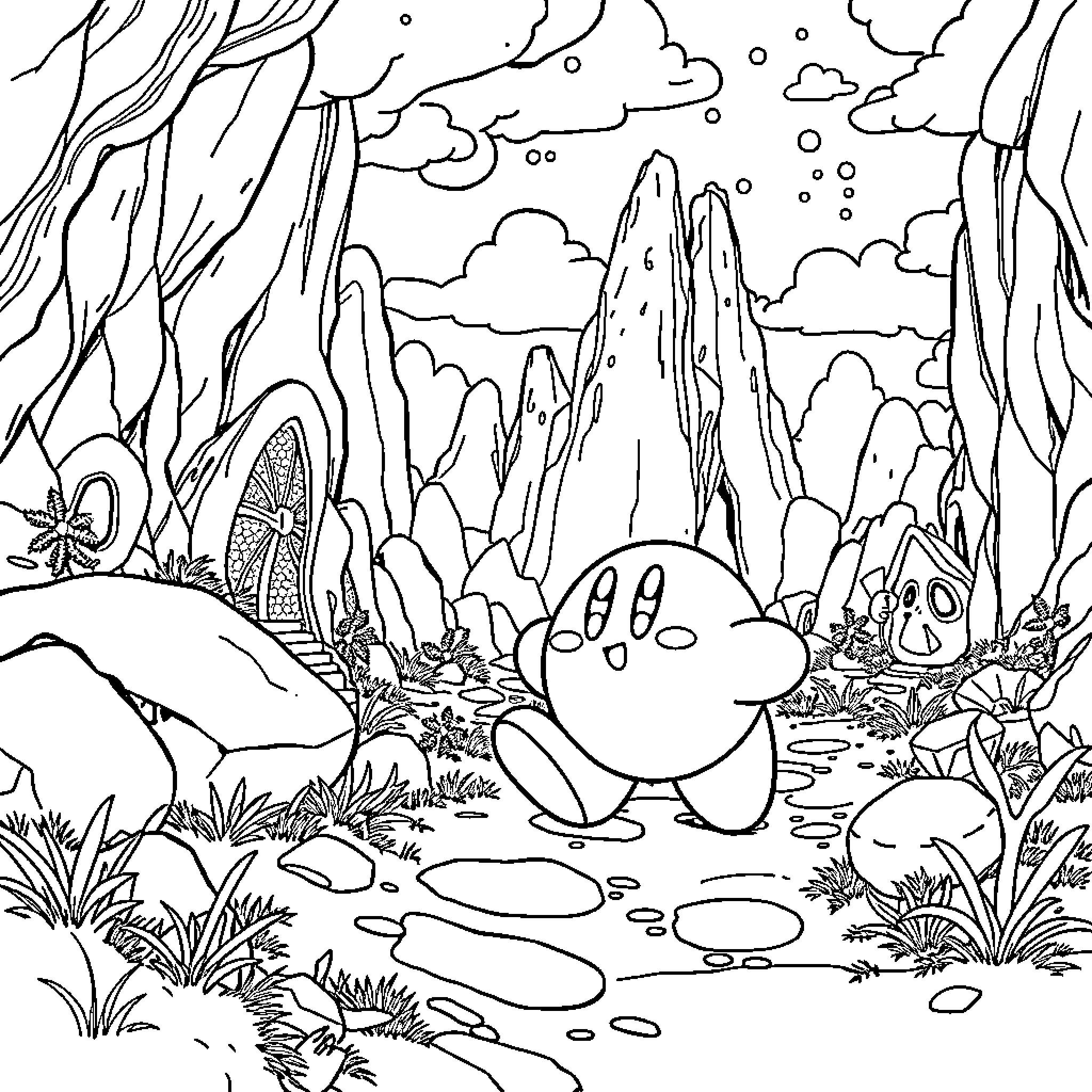 Kirby exploring the whimsical landscape Coloring Page (free black-and-white line drawing printable PDF for all, from beginners to advanced learners, including children, teens, adults, and seniors)