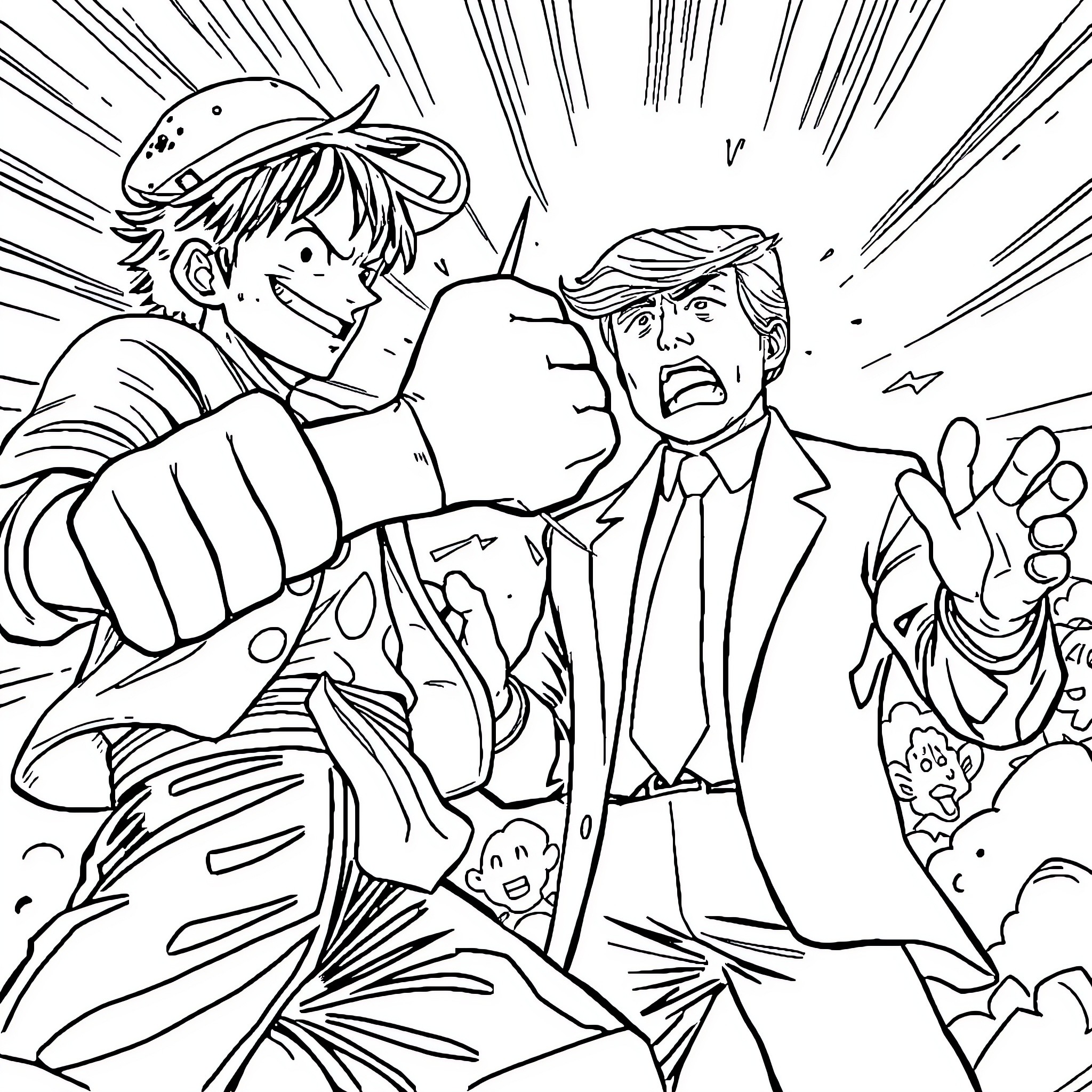 Luffy's Explosive Clash with a Suited Adversary Coloring Page (free black-and-white line drawing printable PDF for all, from beginners to advanced learners, including children, teens, adults, and seniors)