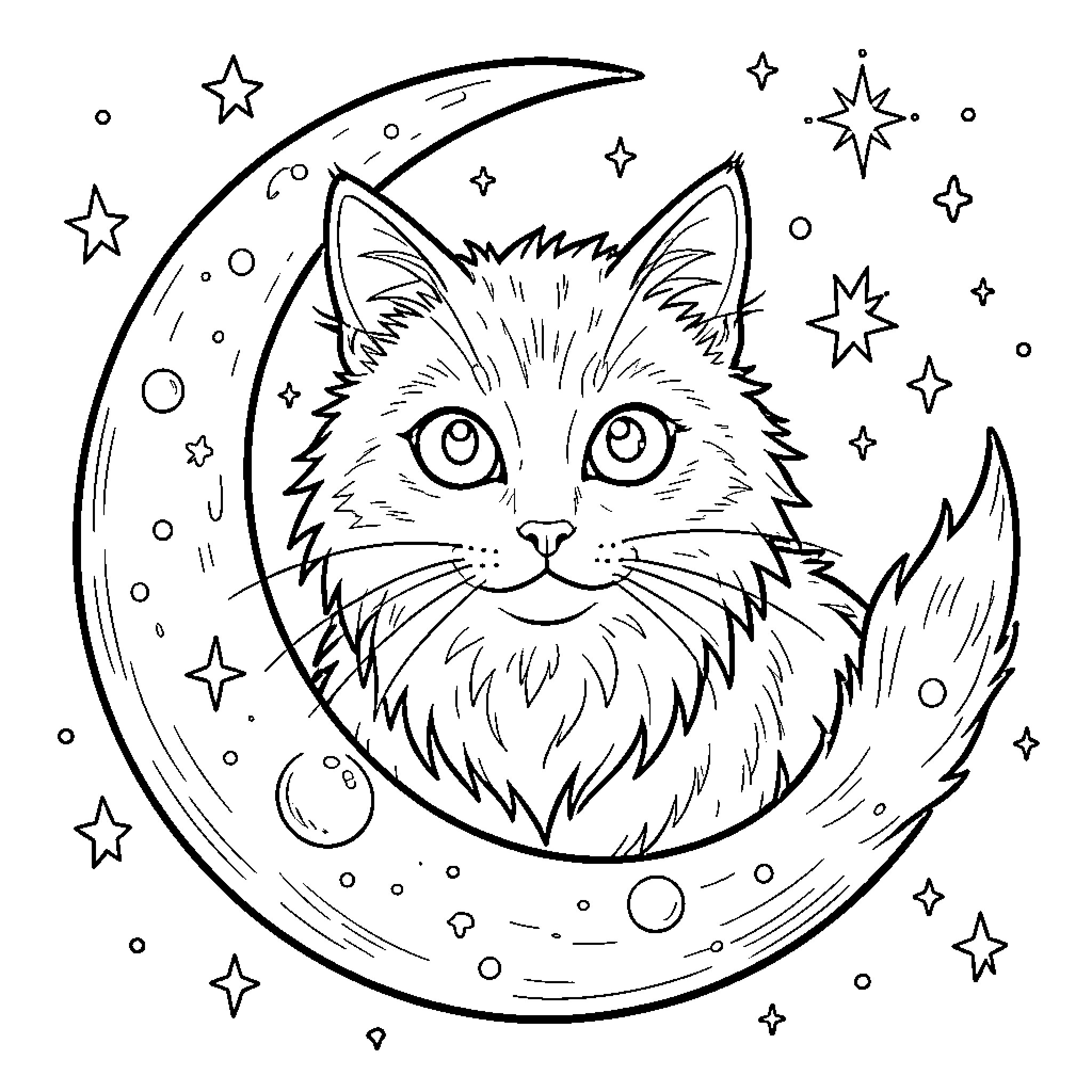 Moon Cat among the stars Coloring Page (free black-and-white line drawing printable PDF for all, from beginners to advanced learners, including children, teens, adults, and seniors)