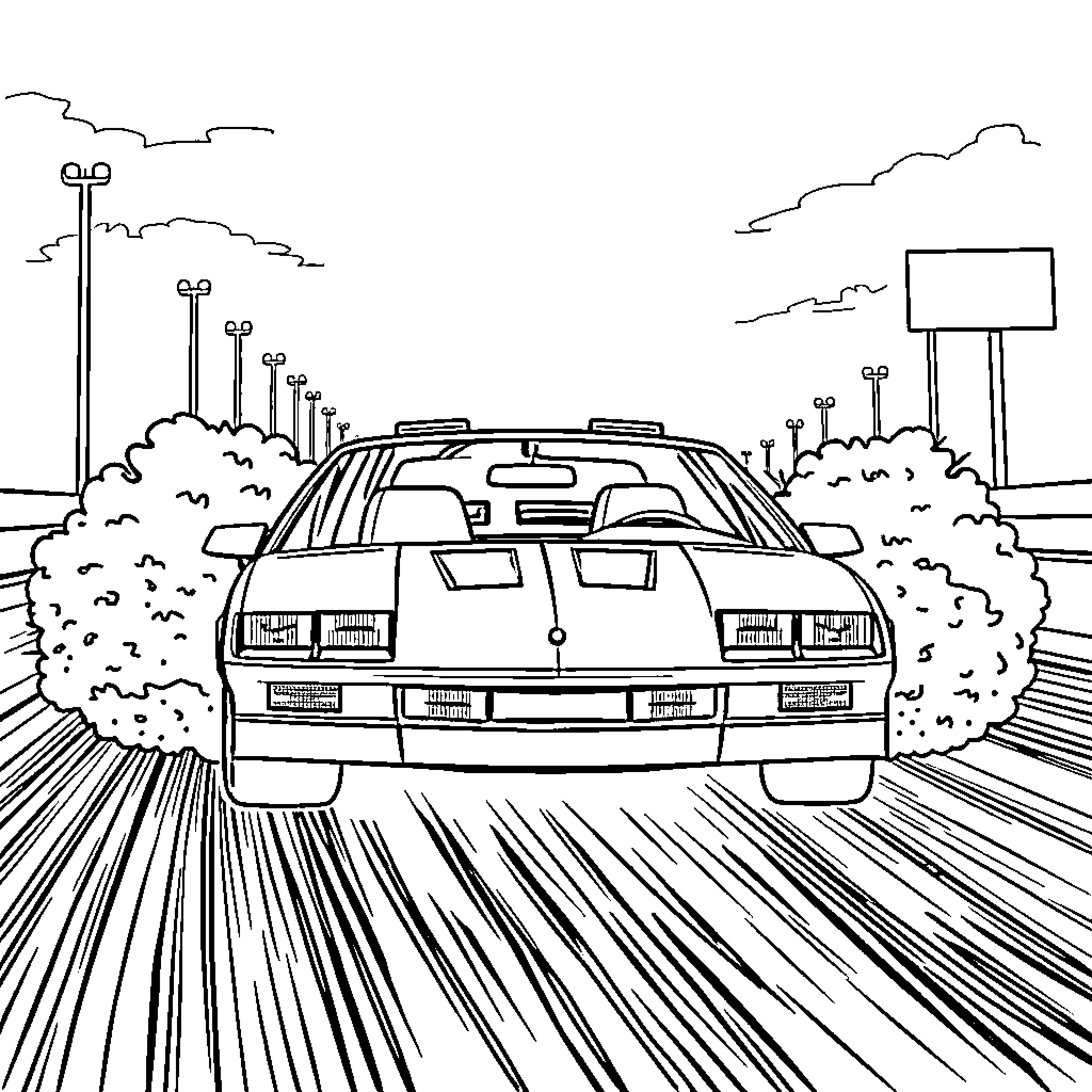 Camaro speeding through the streets Coloring Page (free black-and-white line drawing printable PDF for all, from beginners to advanced learners, including children, teens, adults, and seniors)