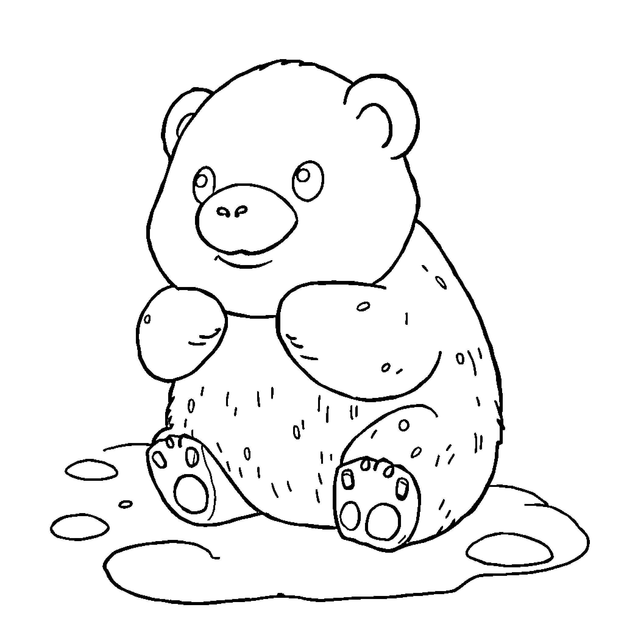 Bear Sitting Contentedly in the Mud Coloring Page (free black-and-white line drawing printable PDF for all, from beginners to advanced learners, including children, teens, adults, and seniors)