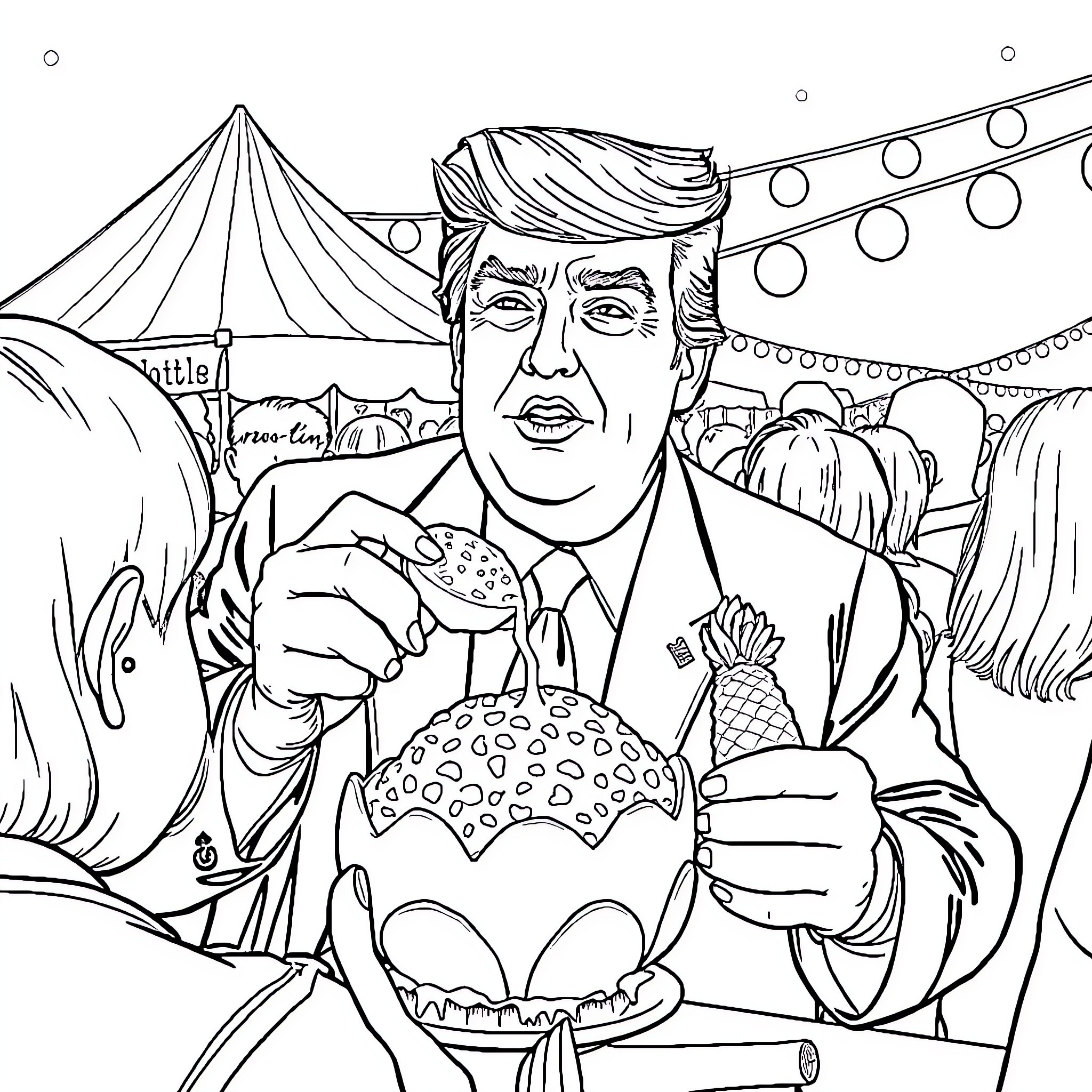 Donald Trump enjoying a carnival treat Coloring Page (free black-and-white line drawing printable PDF for all, from beginners to advanced learners, including children, teens, adults, and seniors)