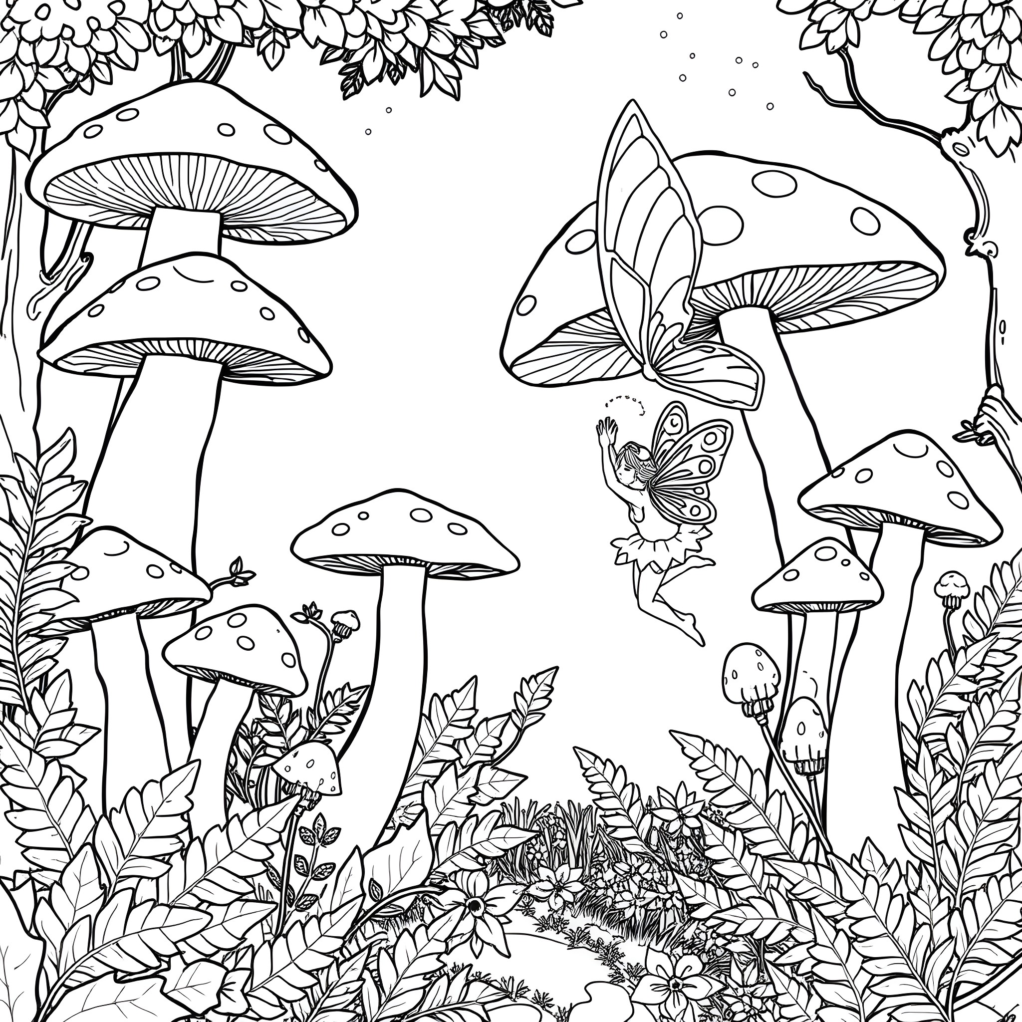 Mushroom Fairy Adventure in the Enchanted Forest Coloring Page (free black-and-white line drawing printable PDF for all, from beginners to advanced learners, including children, teens, adults, and seniors)
