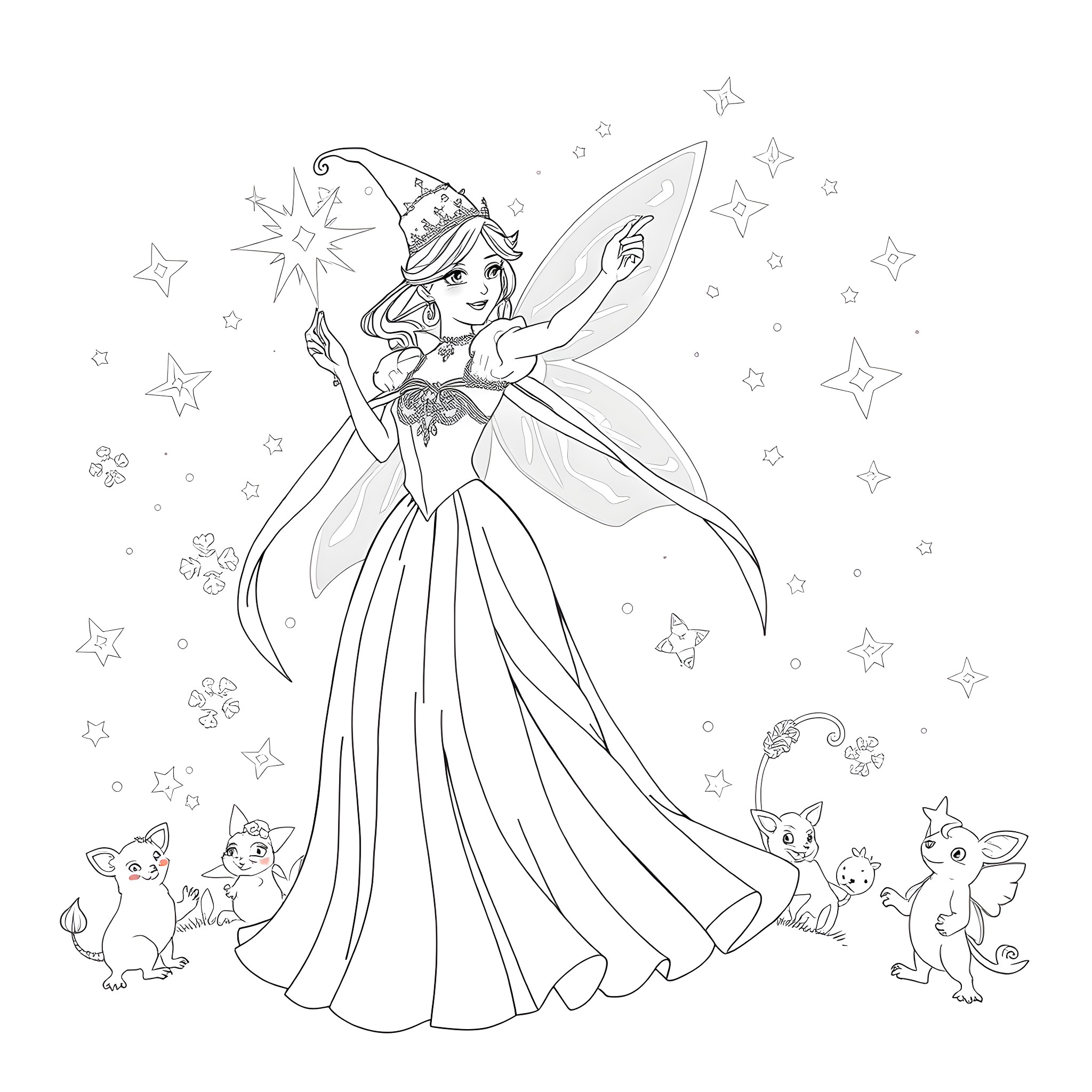 Fairy Godmother casting a magical spell in the starry night Coloring Page (free black-and-white line drawing printable PDF for all, from beginners to advanced learners, including children, teens, adults, and seniors)