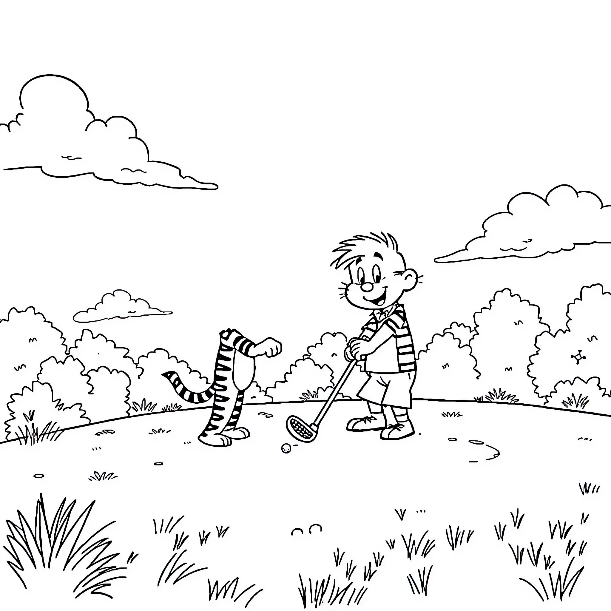 Calvin and Hobbes playing outdoors in nature Coloring Page (free black-and-white line drawing printable PDF for all, from beginners to advanced learners, including children, teens, adults, and seniors)