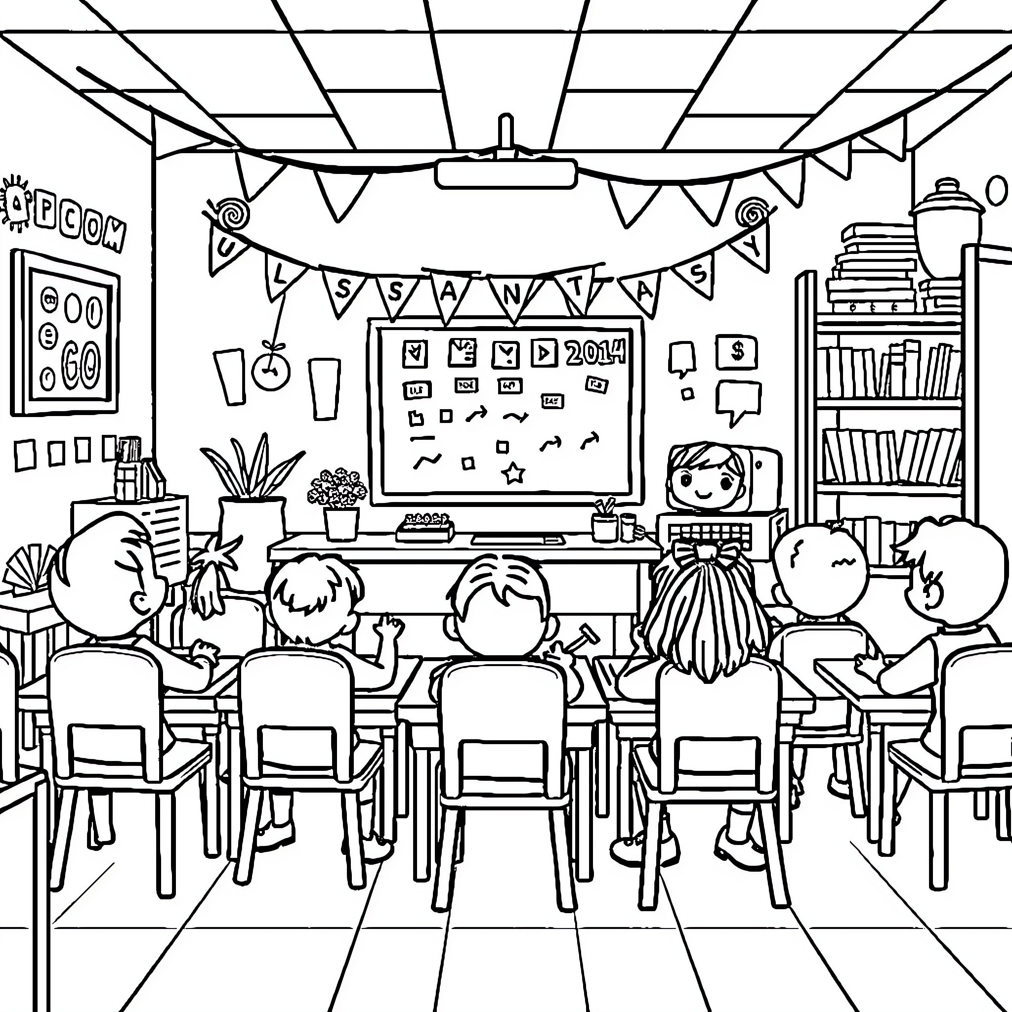 Classroom Scene with Students and Decorations Coloring Page (free black-and-white line drawing printable PDF for all, from beginners to advanced learners, including children, teens, adults, and seniors)