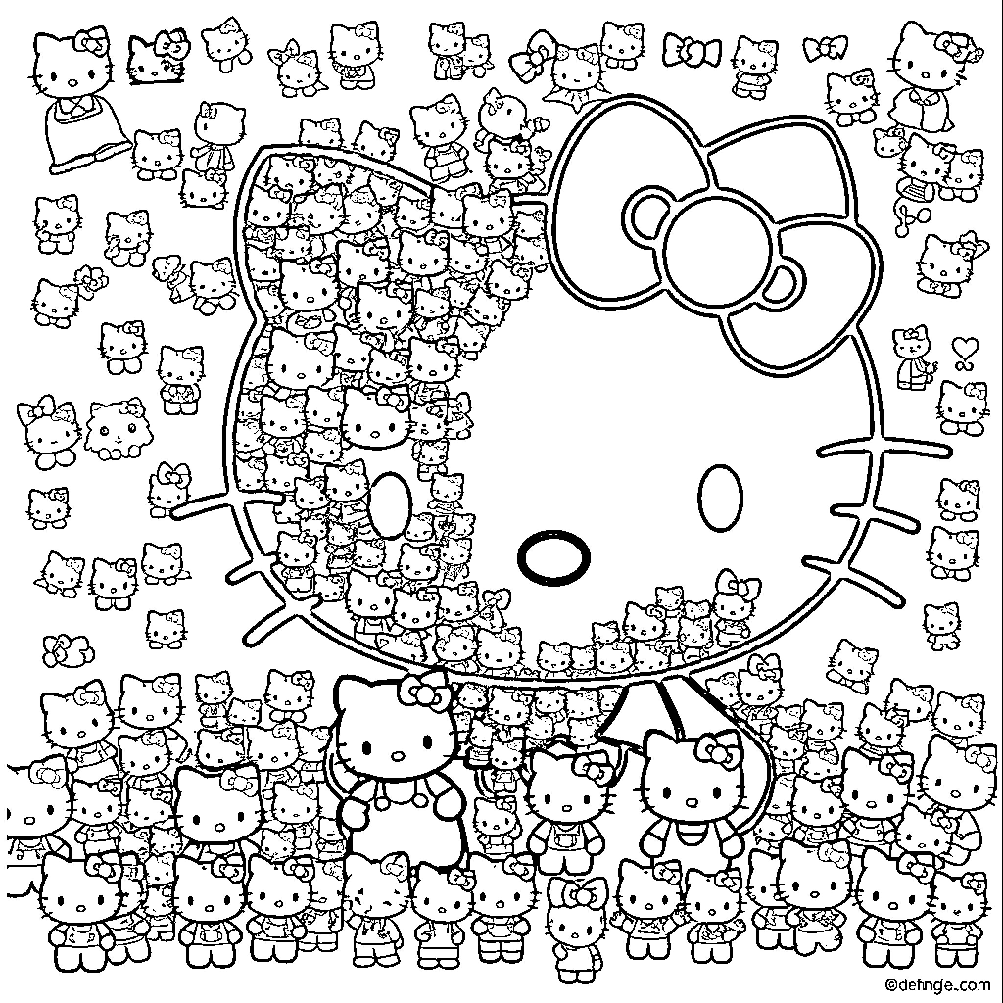 Hello Kitty surrounded by many adorable Kitty characters Coloring Page (free black-and-white line drawing printable PDF for all, from beginners to advanced learners, including children, teens, adults, and seniors)