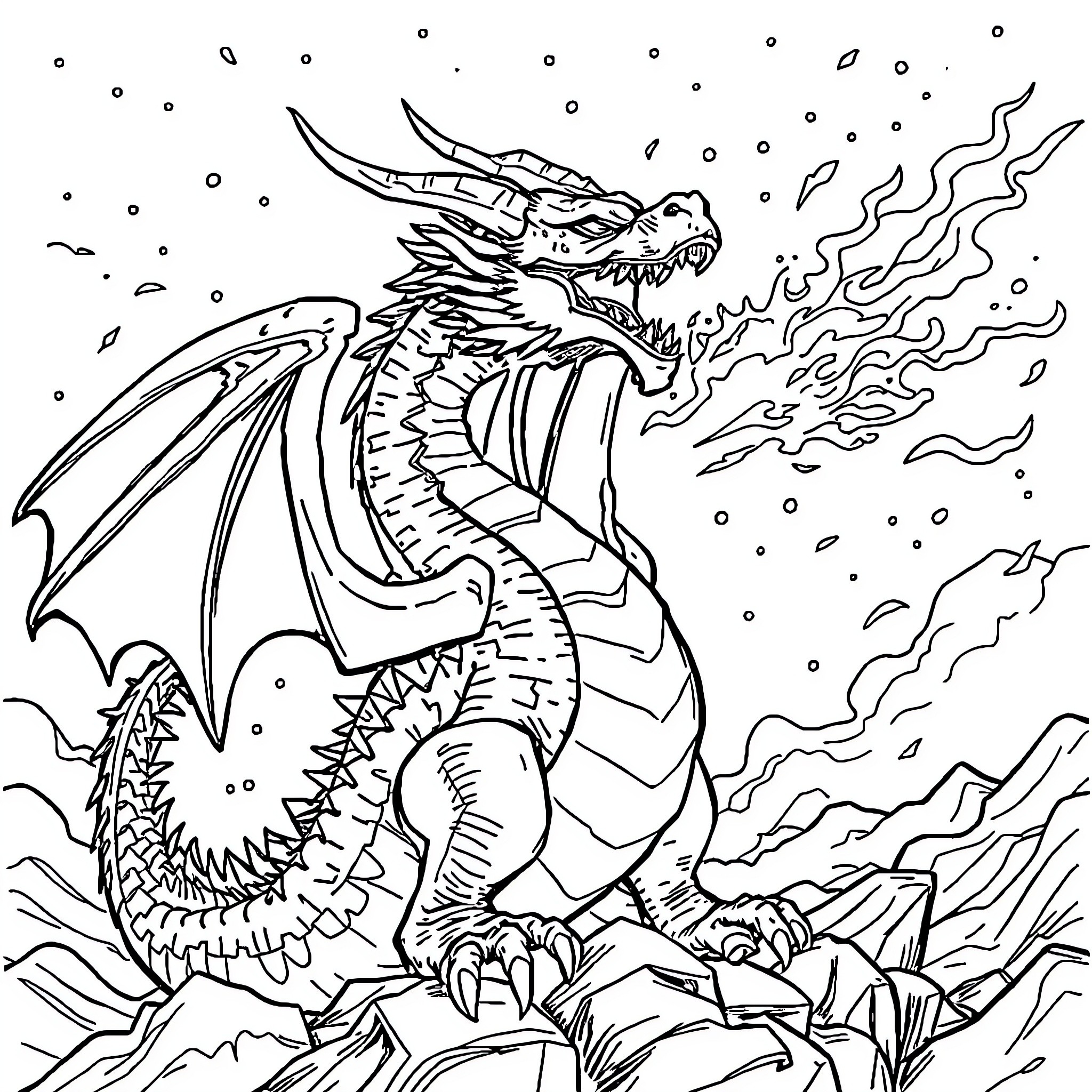 Dragon breathing fire and smoke in a snowy landscape Coloring Page (free black-and-white line drawing printable PDF for all, from beginners to advanced learners, including children, teens, adults, and seniors)