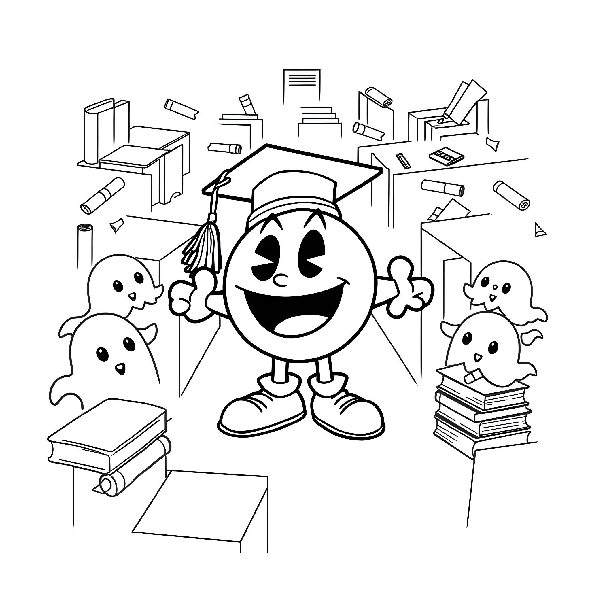 Pac-Man Celebrating Academic Achievement with Ghostly Companions Coloring Page (free black-and-white line drawing printable PDF for all, from beginners to advanced learners, including children, teens, adults, and seniors)