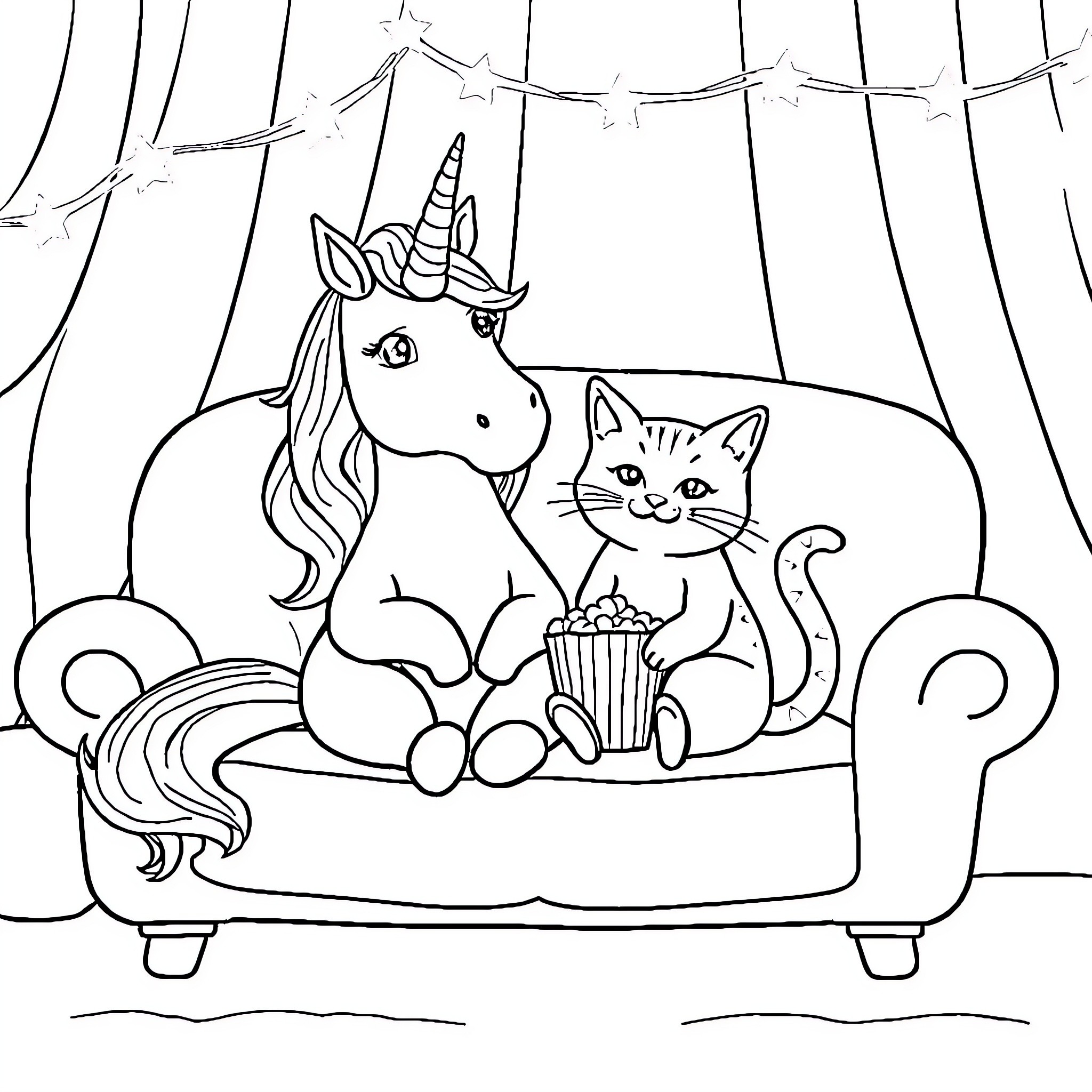 Unicorn and Kitten Relaxing on a Couch Coloring Page (free black-and-white line drawing printable PDF for all, from beginners to advanced learners, including children, teens, adults, and seniors)