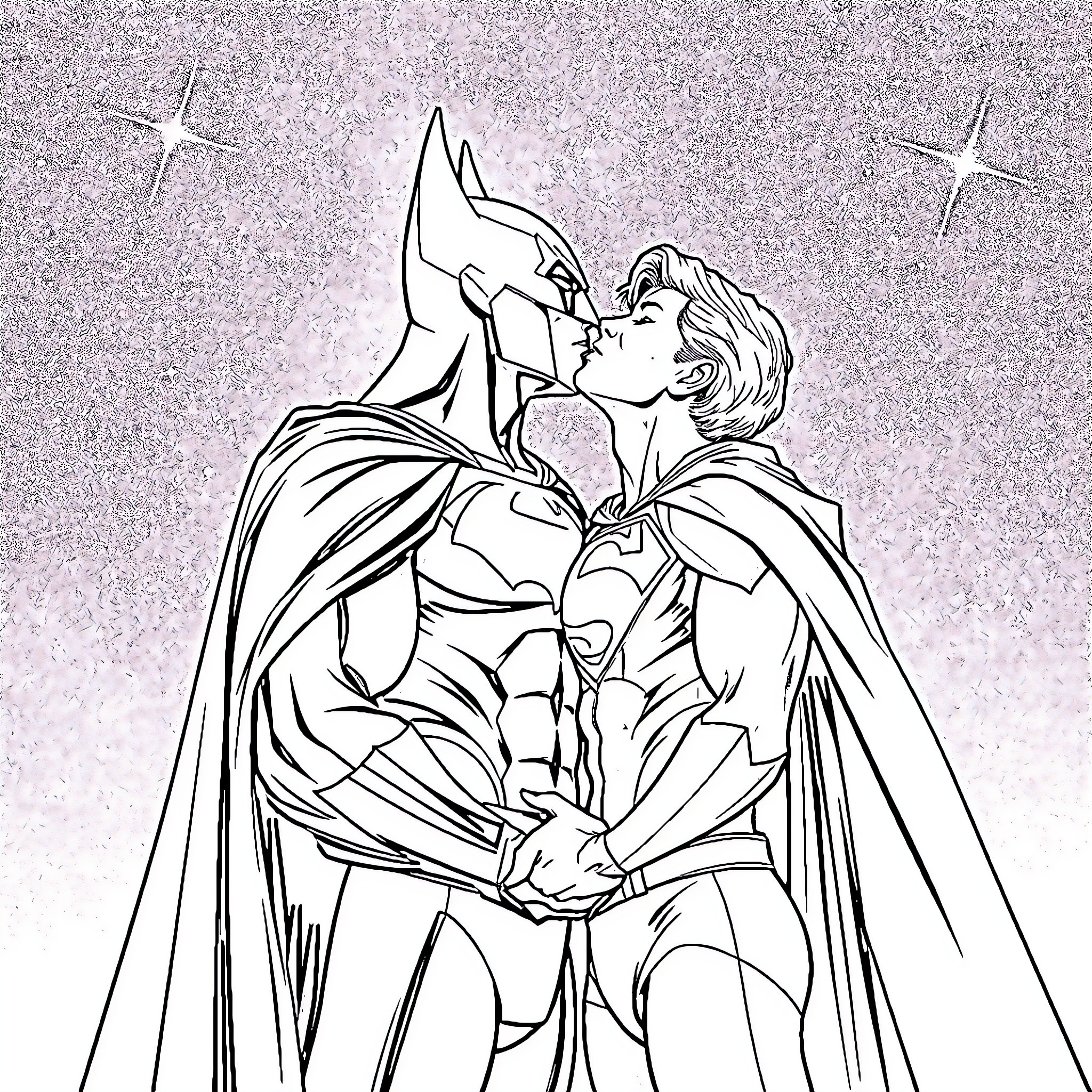 Batman embracing a woman in a passionate scene Coloring Page (free black-and-white line drawing printable PDF for all, from beginners to advanced learners, including children, teens, adults, and seniors)