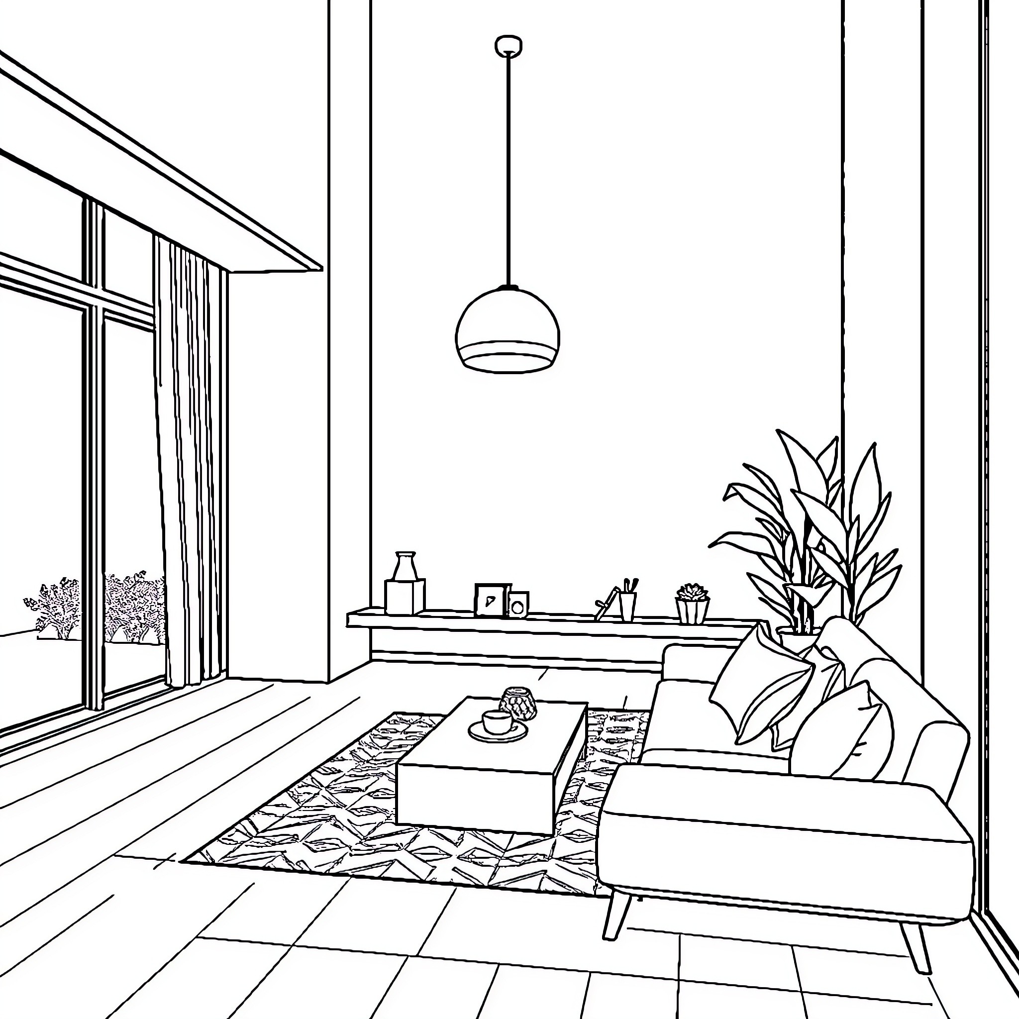 House with Cozy Living Room Arrangement Coloring Page (free black-and-white line drawing printable PDF for all, from beginners to advanced learners, including children, teens, adults, and seniors)