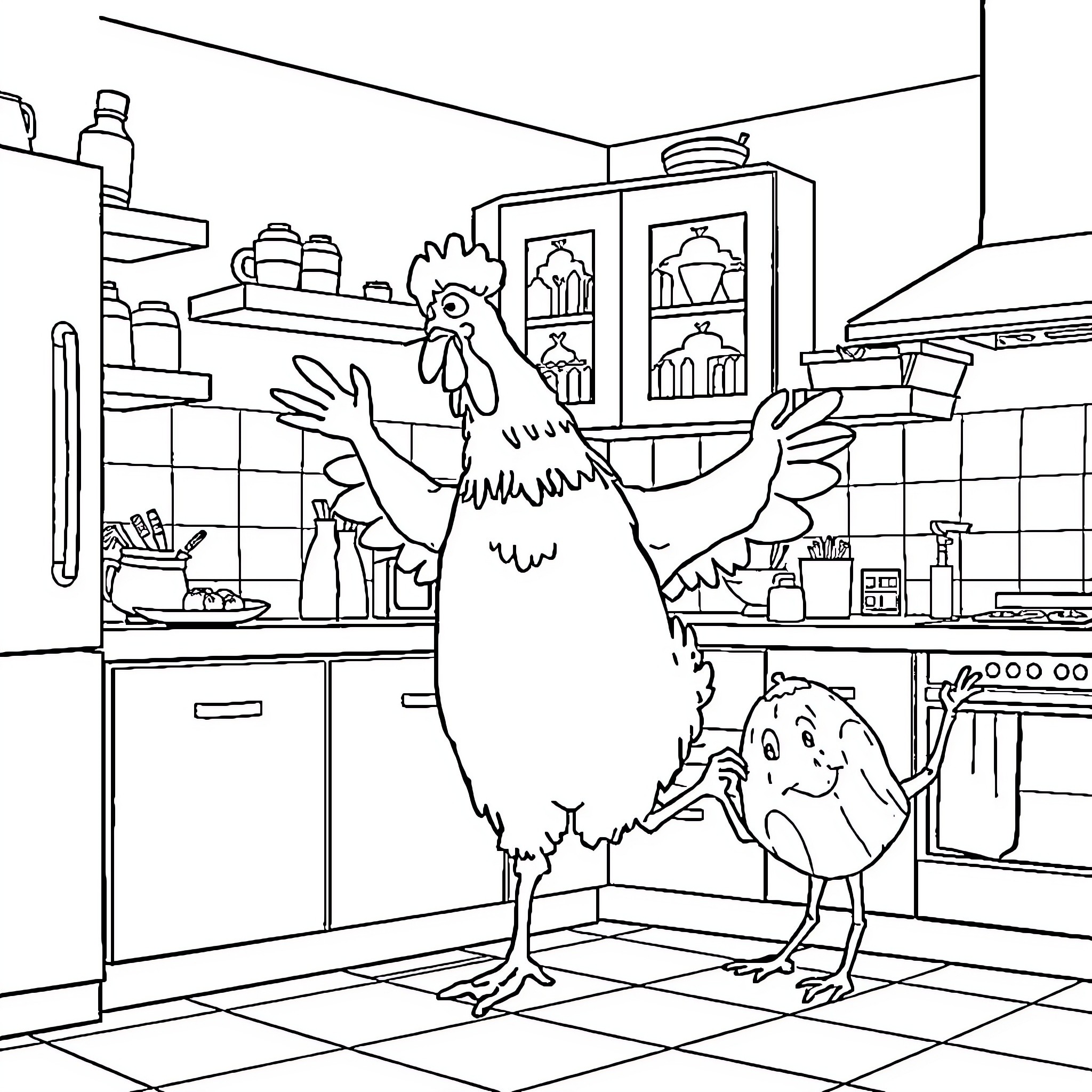 Chicken in a Chaotic Kitchen Coloring Page (free black-and-white line drawing printable PDF for all, from beginners to advanced learners, including children, teens, adults, and seniors)