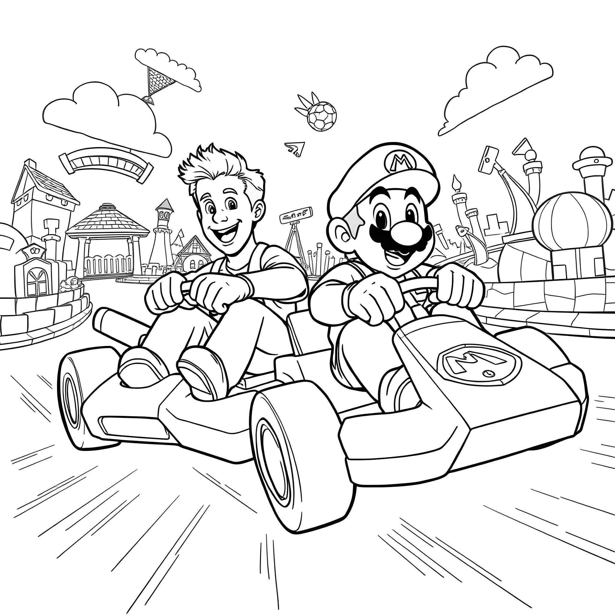 Ryan Gosling and Mario racing in a cartoon town Coloring Page (free black-and-white line drawing printable PDF for all, from beginners to advanced learners, including children, teens, adults, and seniors)
