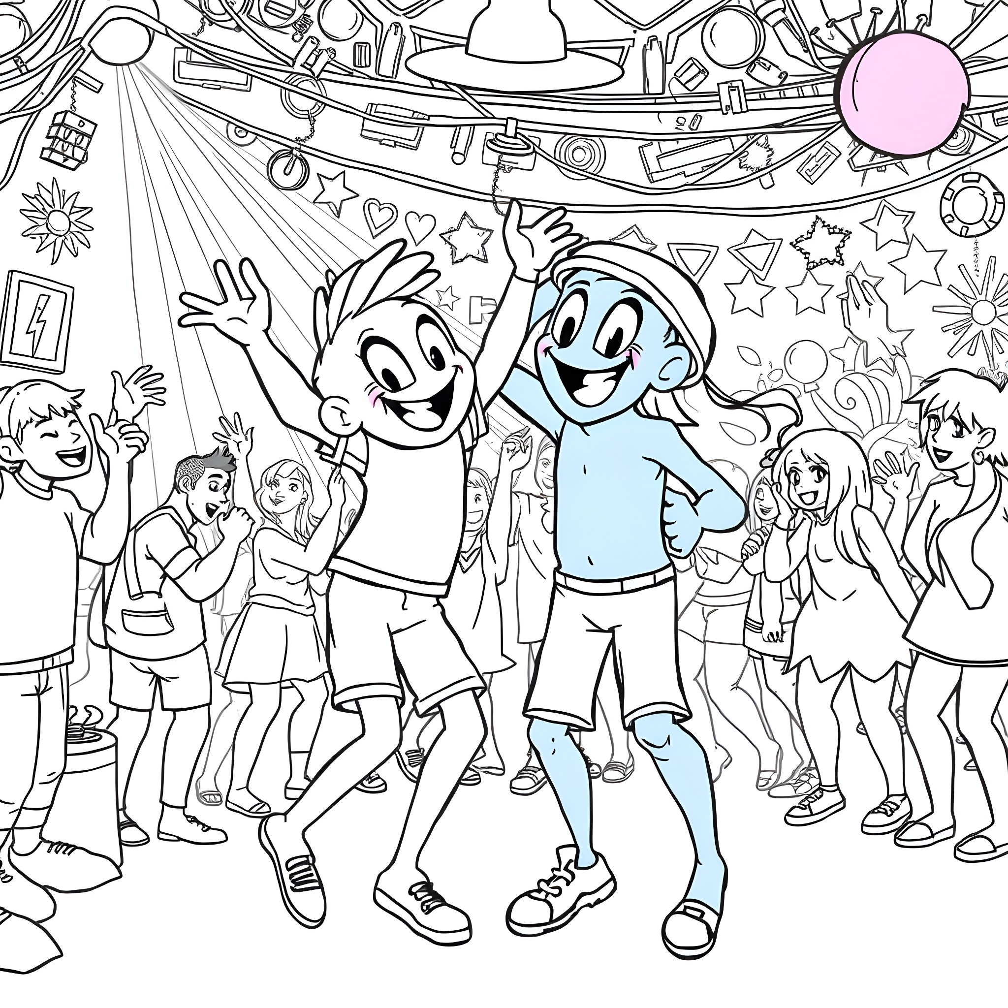 Bluey's Fun Party with Friends Coloring Page (free black-and-white line drawing printable PDF for all, from beginners to advanced learners, including children, teens, adults, and seniors)