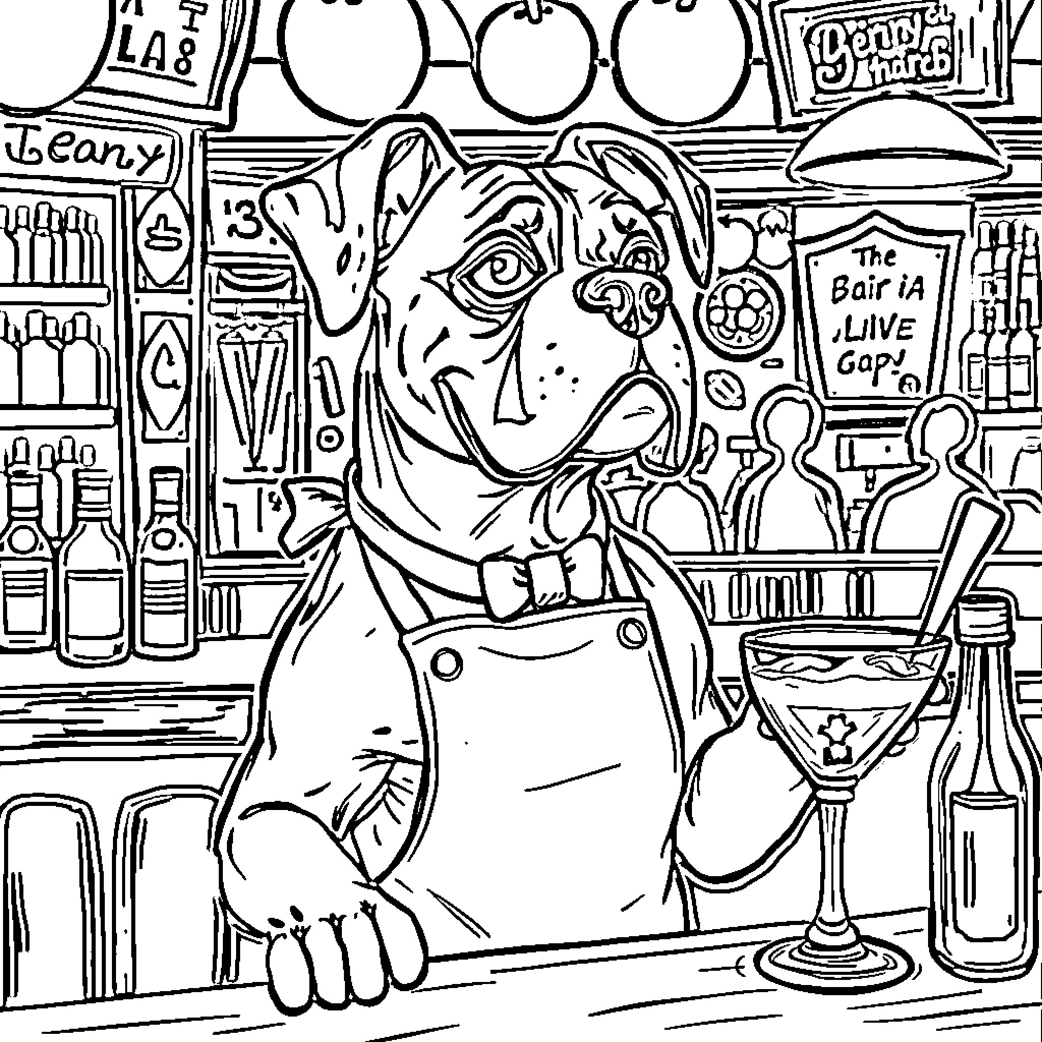 Boxer bartender serving drinks in a lively bar scene Coloring Page (free black-and-white line drawing printable PDF for all, from beginners to advanced learners, including children, teens, adults, and seniors)