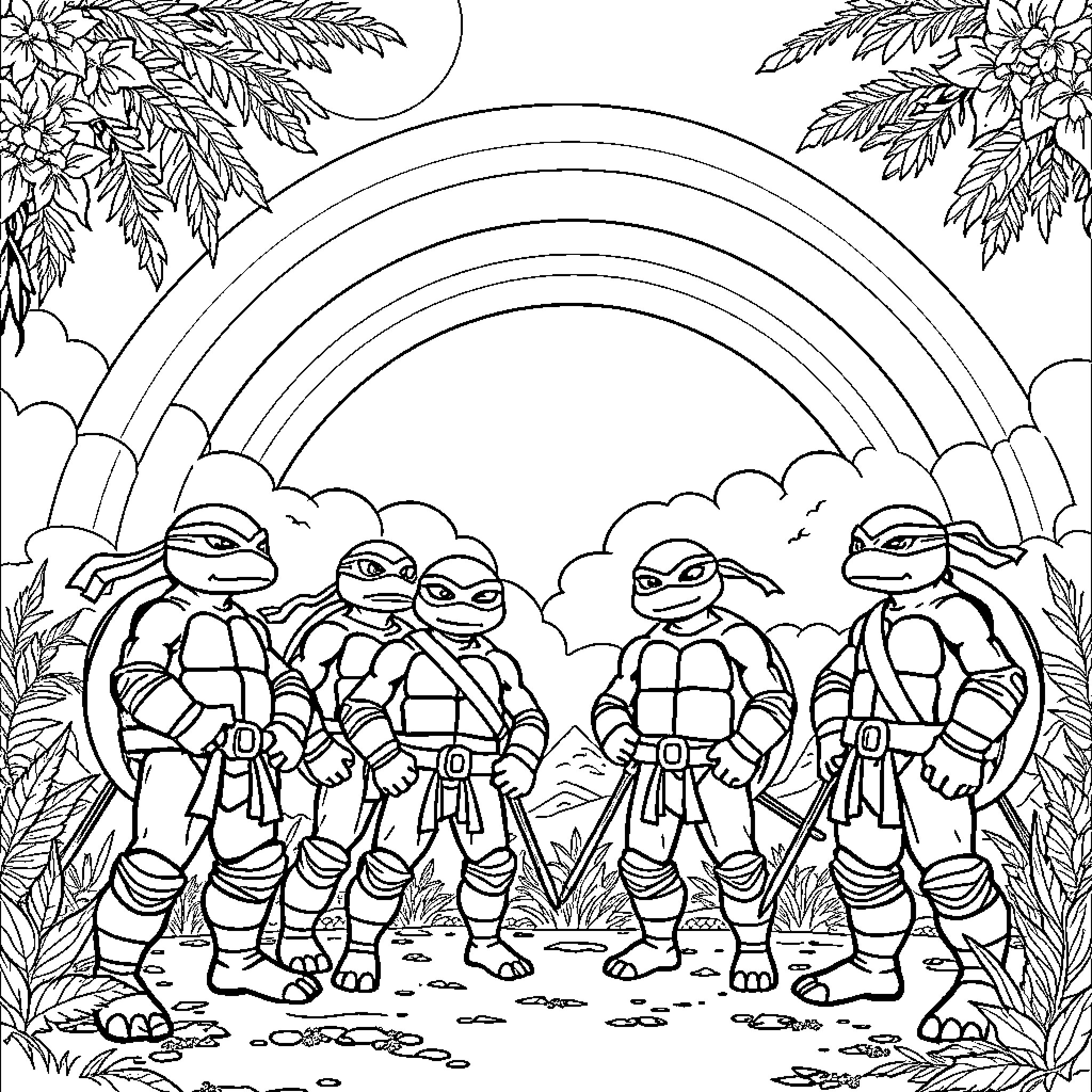 Ninja Turtles on an Adventure in the Jungle Coloring Page (free black-and-white line drawing printable PDF for all, from beginners to advanced learners, including children, teens, adults, and seniors)