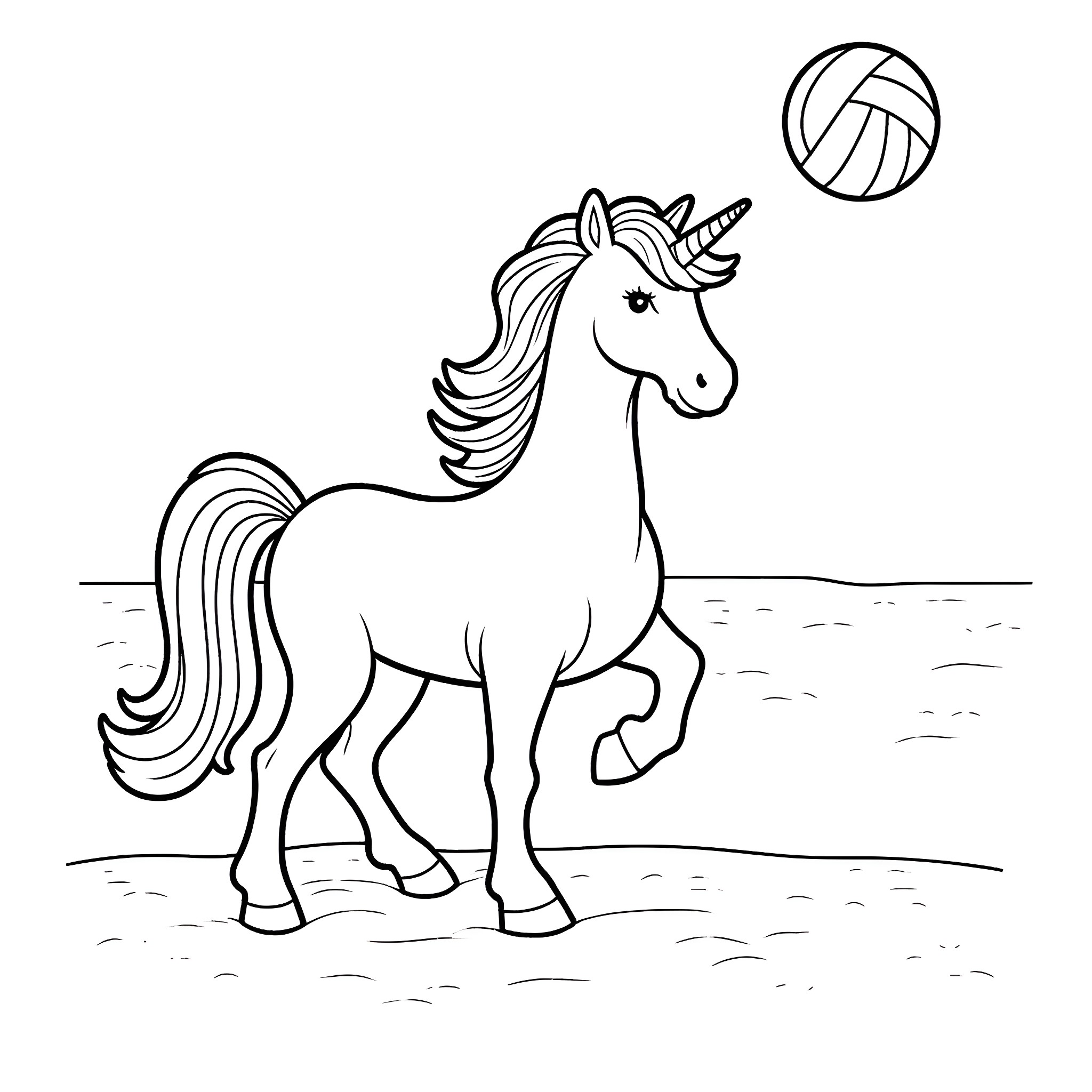 Unicorn playing with volleyball on the field Coloring Page (free black-and-white line drawing printable PDF for all, from beginners to advanced learners, including children, teens, adults, and seniors)