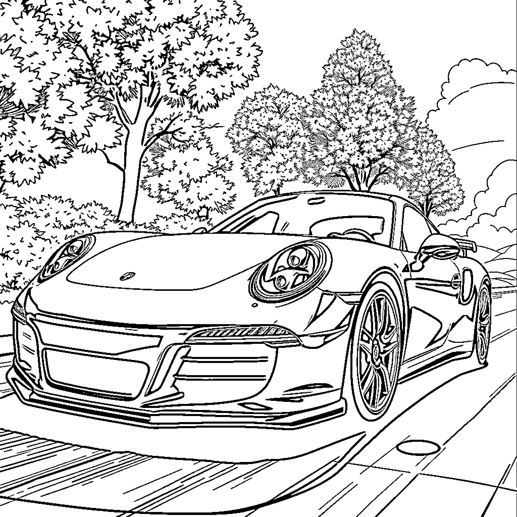 Porsche sports car speeding through scenic landscape Coloring Page (free black-and-white line drawing printable PDF for all, from beginners to advanced learners, including children, teens, adults, and seniors)
