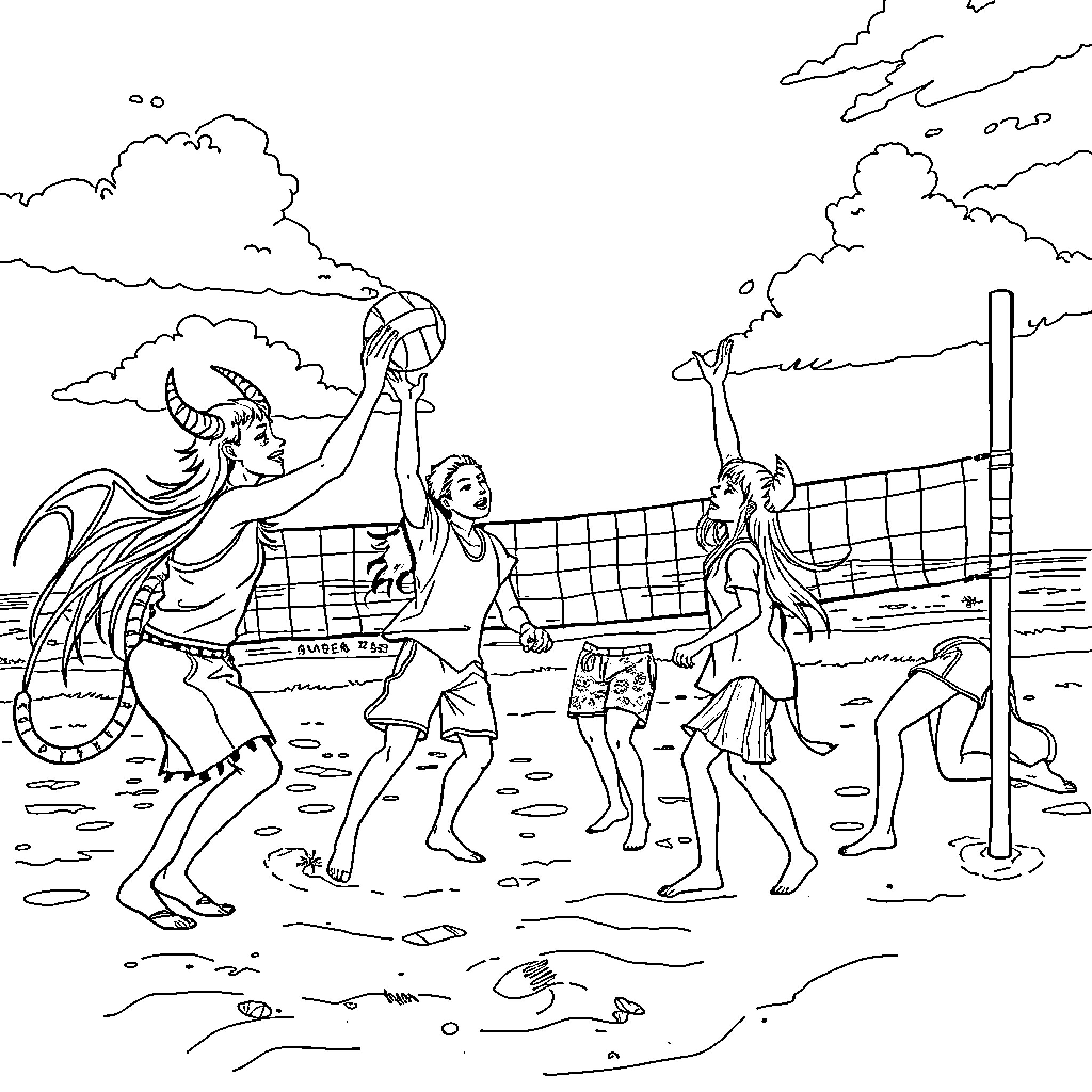 Demon Hunter Volleyball Game on the Beach Coloring Page (free black-and-white line drawing printable PDF for all, from beginners to advanced learners, including children, teens, adults, and seniors)