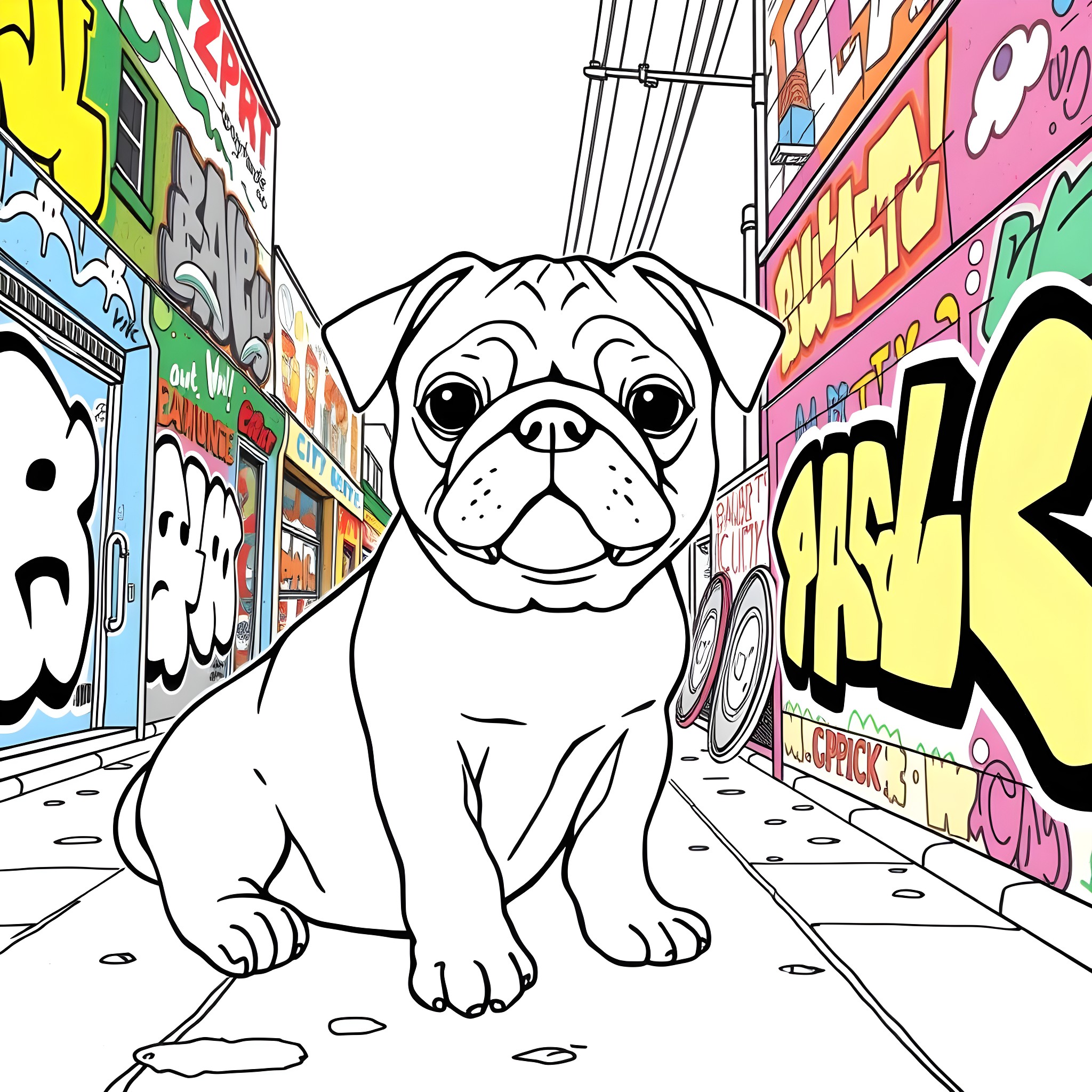 Pug exploring the colorful urban street Coloring Page (free black-and-white line drawing printable PDF for all, from beginners to advanced learners, including children, teens, adults, and seniors)