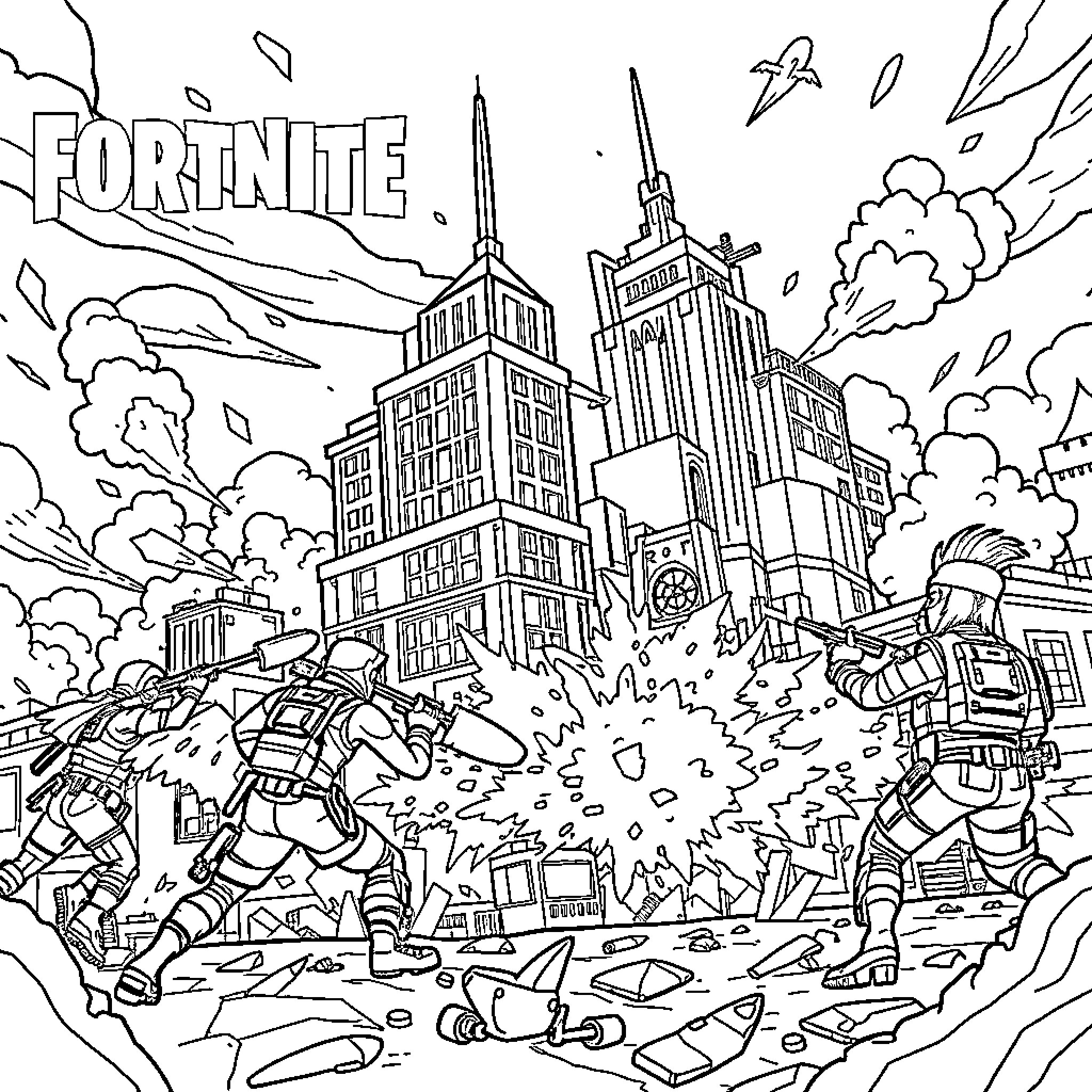 Fortnite characters engaging in action-packed battle in the city Coloring Page (free black-and-white line drawing printable PDF for all, from beginners to advanced learners, including children, teens, adults, and seniors)