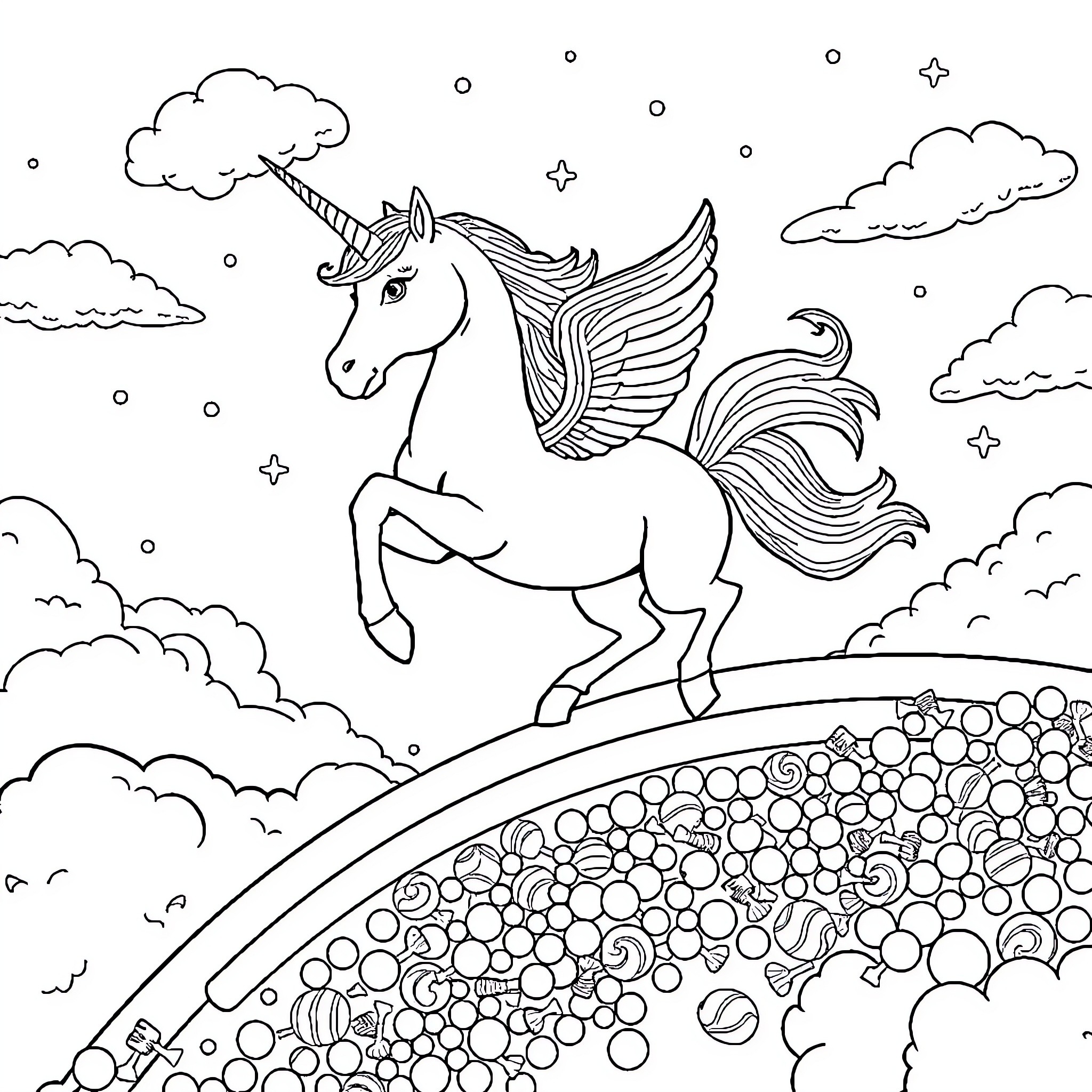 Unicorn soaring through enchanted skies Coloring Page (free black-and-white line drawing printable PDF for all, from beginners to advanced learners, including children, teens, adults, and seniors)
