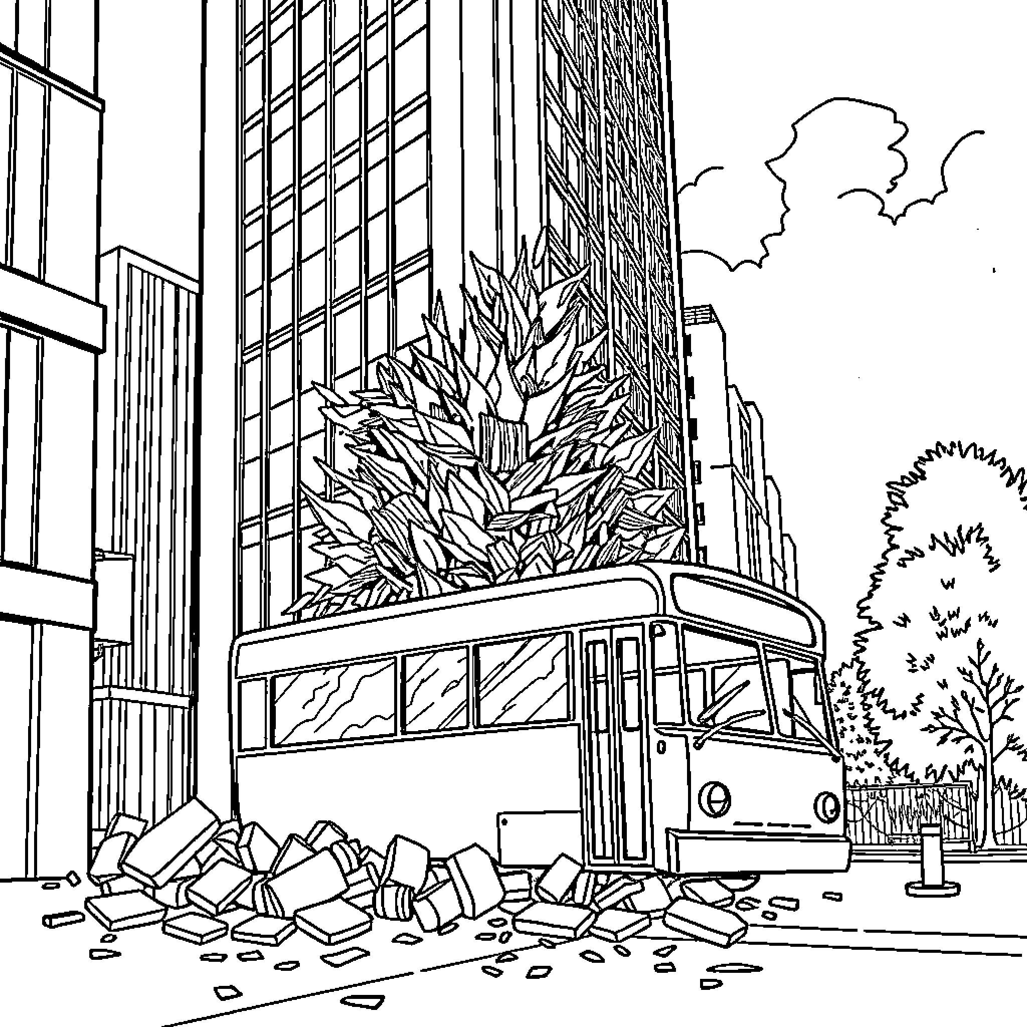 Bus destroyed in urban disaster scene Coloring Page (free black-and-white line drawing printable PDF for all, from beginners to advanced learners, including children, teens, adults, and seniors)