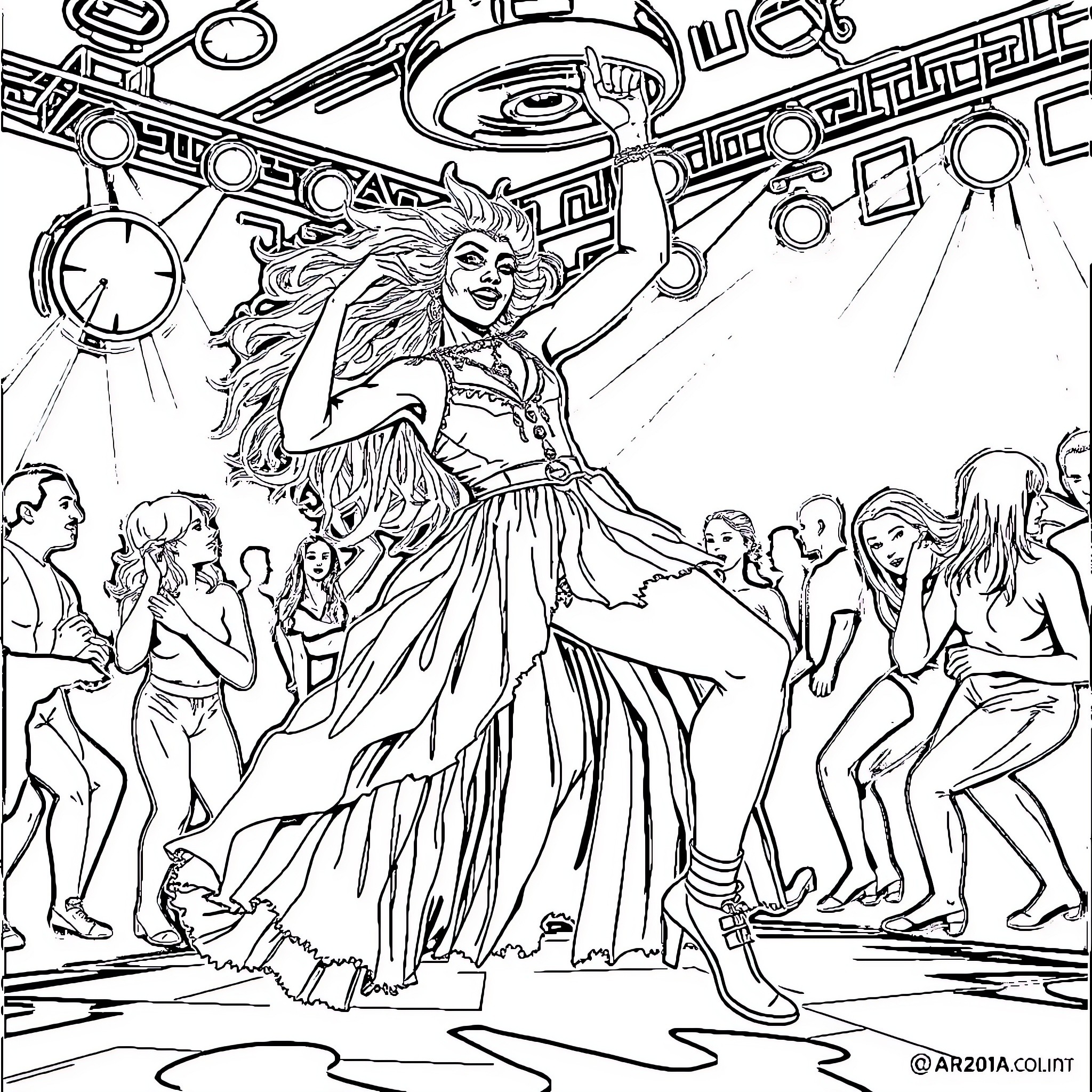 Jinx's Vibrant Dance in the Festive Gathering Coloring Page (free black-and-white line drawing printable PDF for all, from beginners to advanced learners, including children, teens, adults, and seniors)