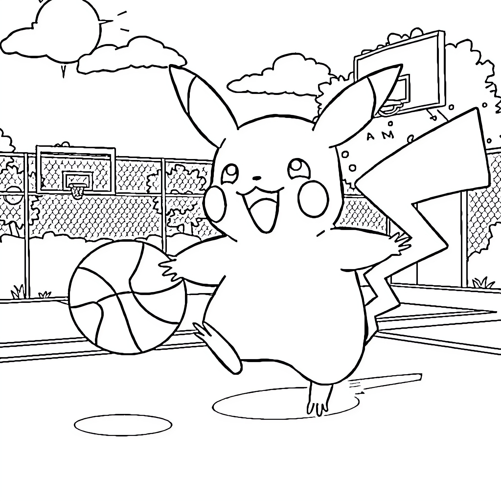 Pikachu playing basketball on a court Coloring Page (free black-and-white line drawing printable PDF for all, from beginners to advanced learners, including children, teens, adults, and seniors)