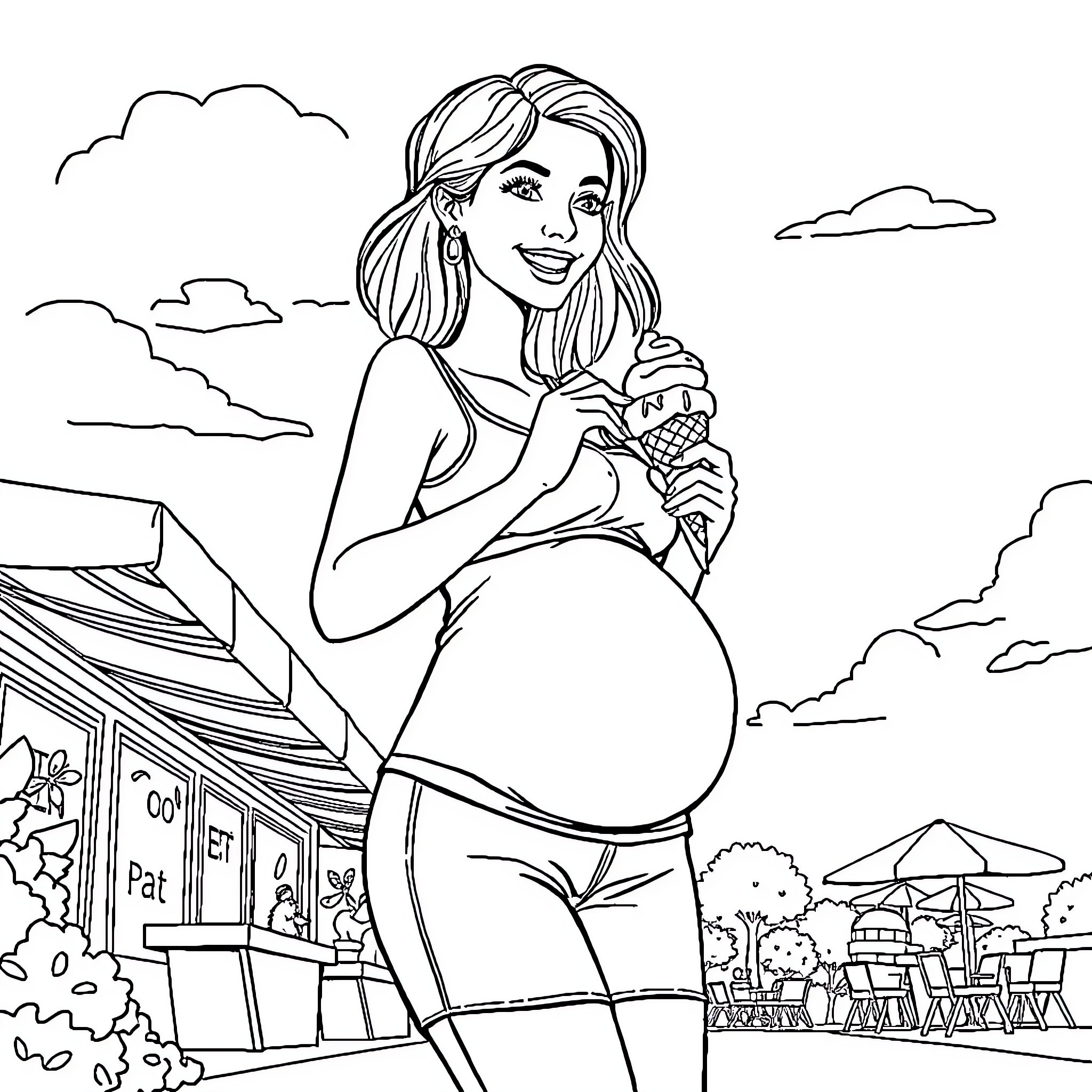 Lady Enjoying an Ice Cream on a Sunny Day Coloring Page (free black-and-white line drawing printable PDF for all, from beginners to advanced learners, including children, teens, adults, and seniors)