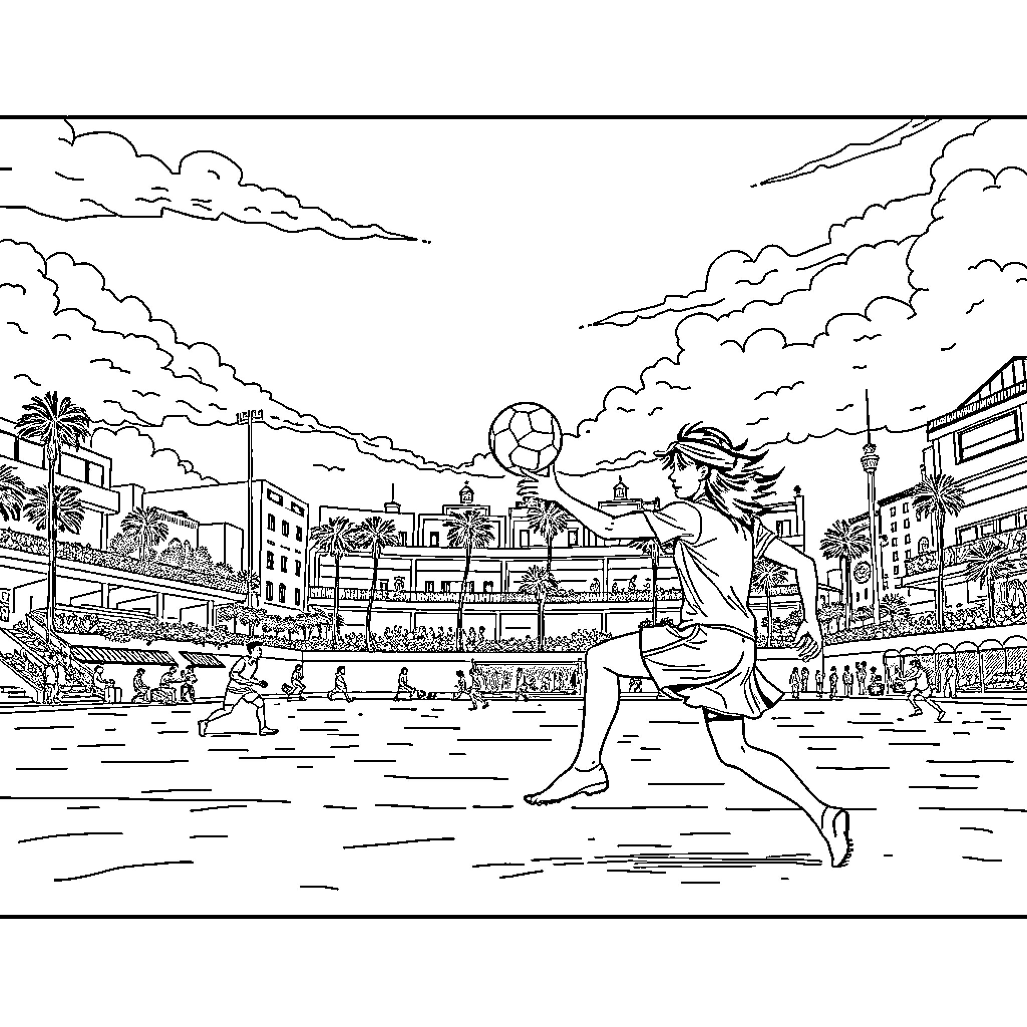 Wicked Footballer in Lively Urban Landscape Coloring Page (free black-and-white line drawing printable PDF for all, from beginners to advanced learners, including children, teens, adults, and seniors)
