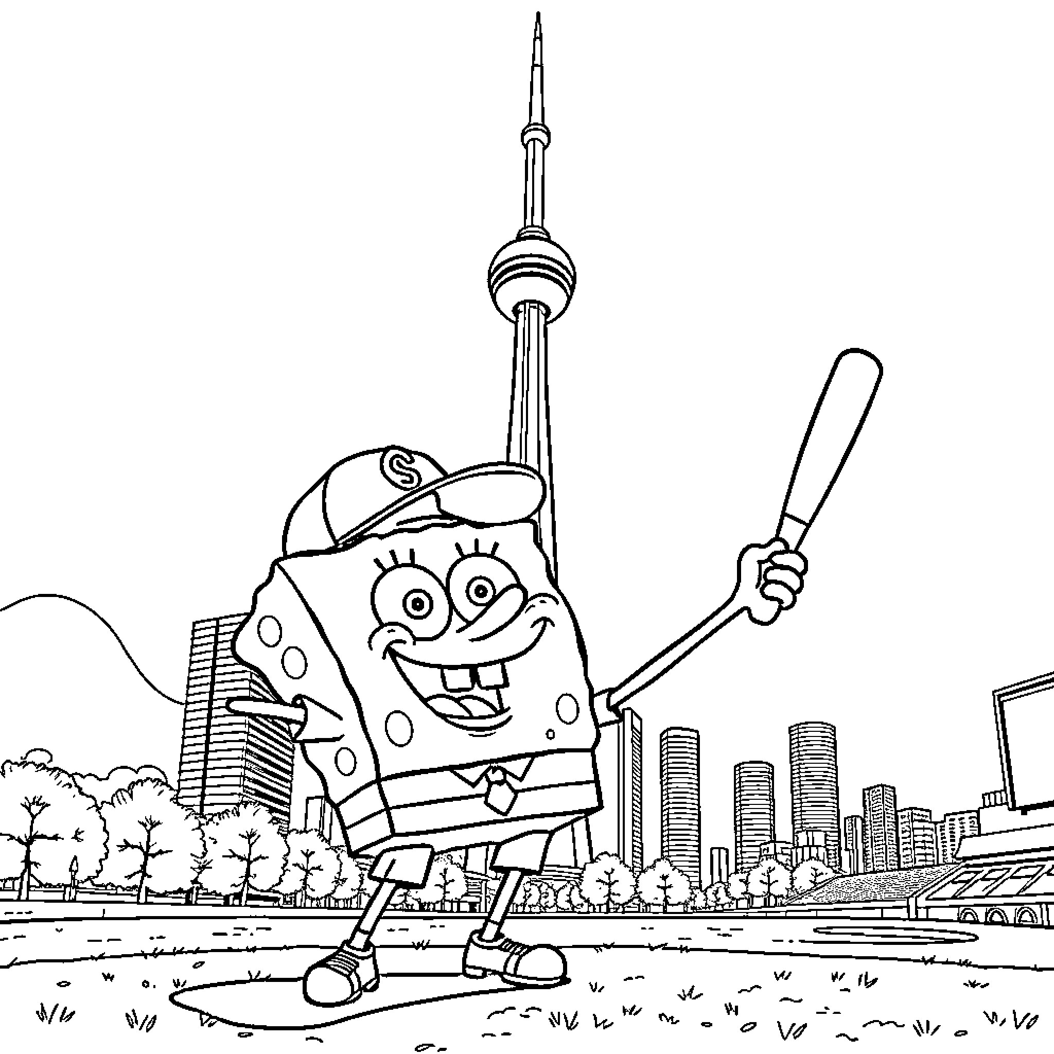 Spongebob explores the big city with his tools Coloring Page (free black-and-white line drawing printable PDF for all, from beginners to advanced learners, including children, teens, adults, and seniors)