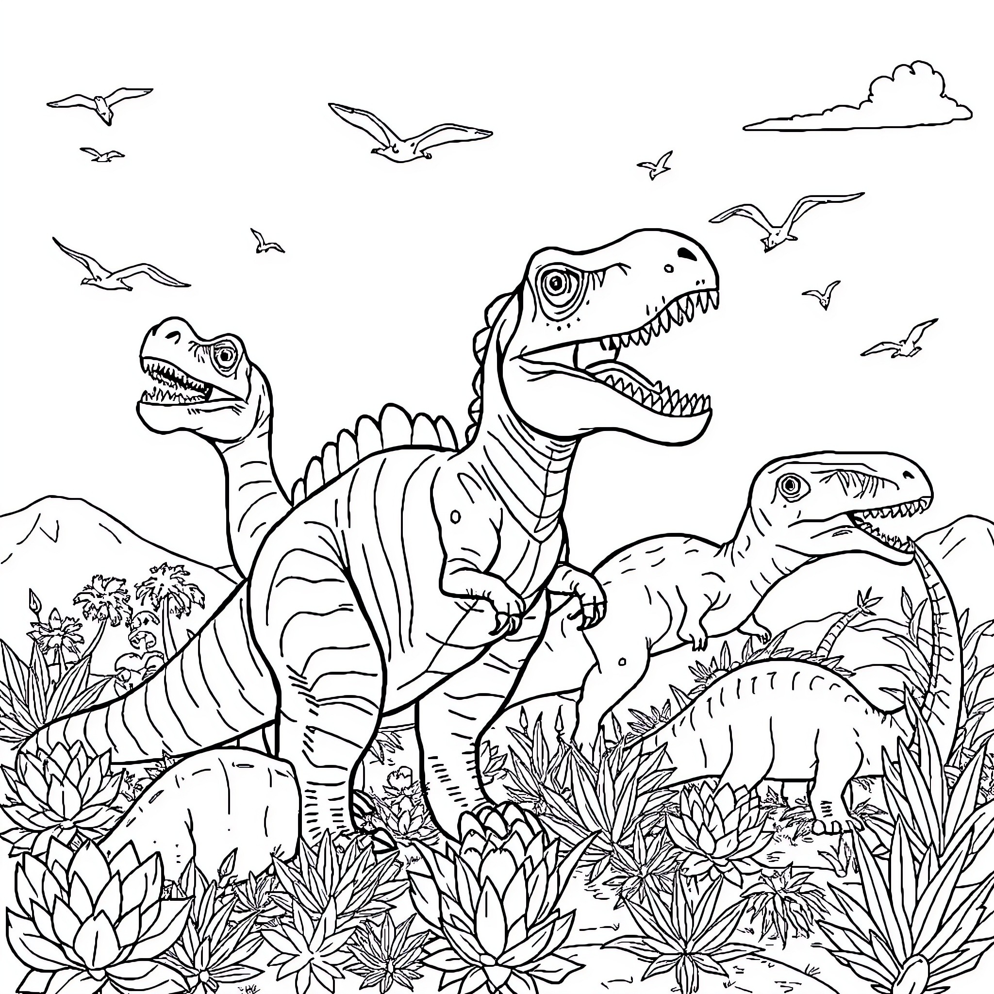 Dinosaurs Roaming Prehistoric Landscape Coloring Page (free black-and-white line drawing printable PDF for all, from beginners to advanced learners, including children, teens, adults, and seniors)