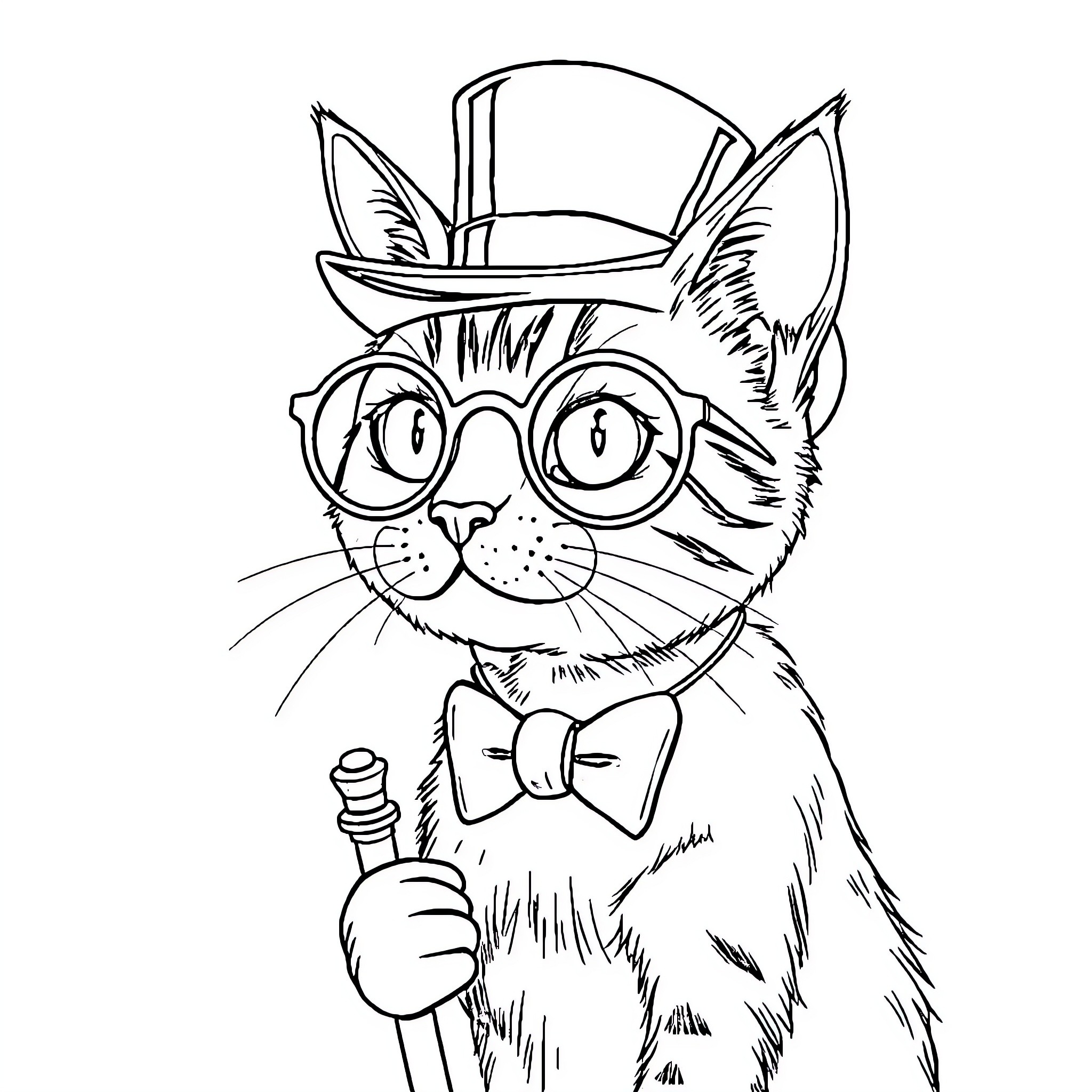 Cat wearing a hat and glasses with a bow tie Coloring Page (free black-and-white line drawing printable PDF for all, from beginners to advanced learners, including children, teens, adults, and seniors)
