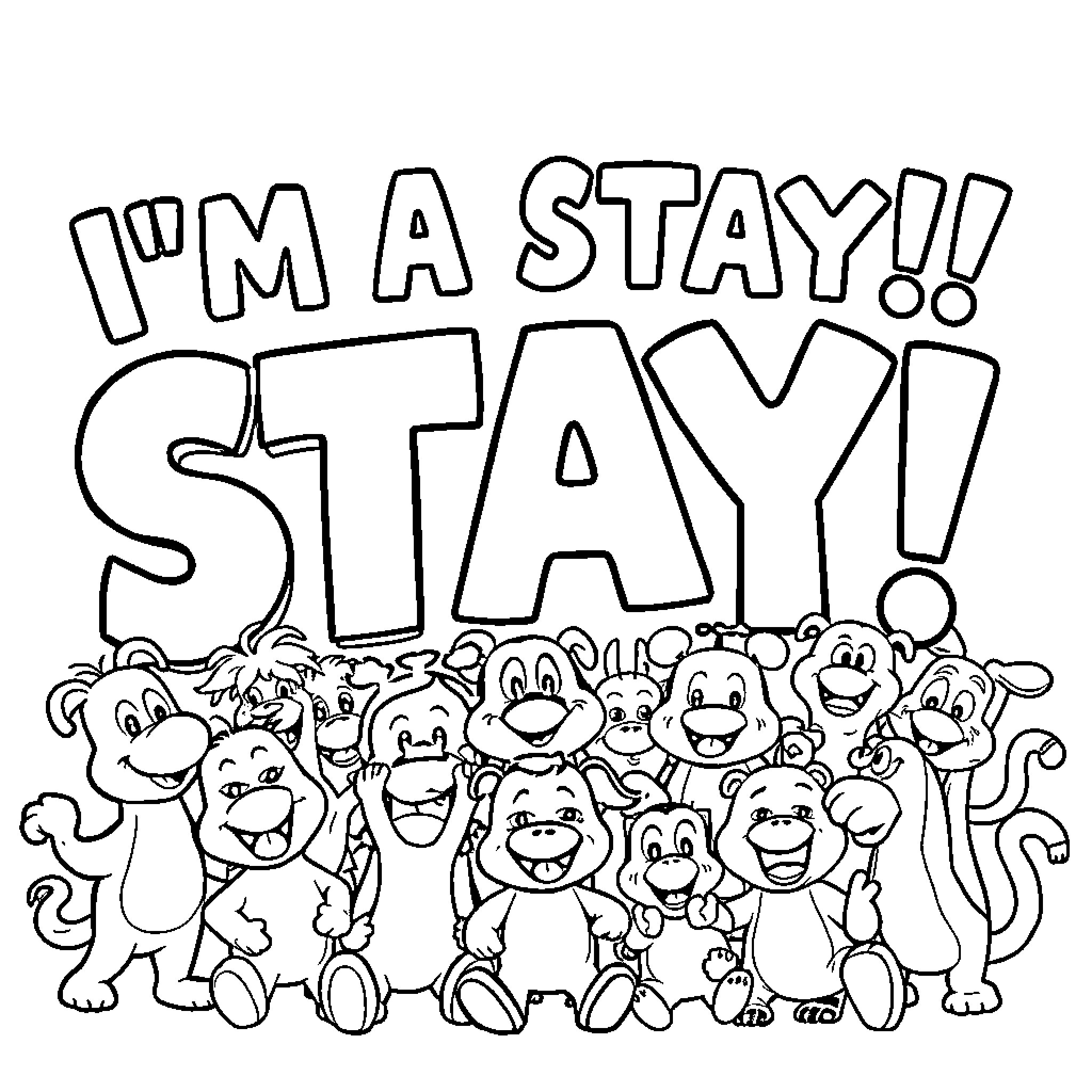 Skzoo characters happily proclaiming 'I'm a stay!' Coloring Page (free black-and-white line drawing printable PDF for all, from beginners to advanced learners, including children, teens, adults, and seniors)