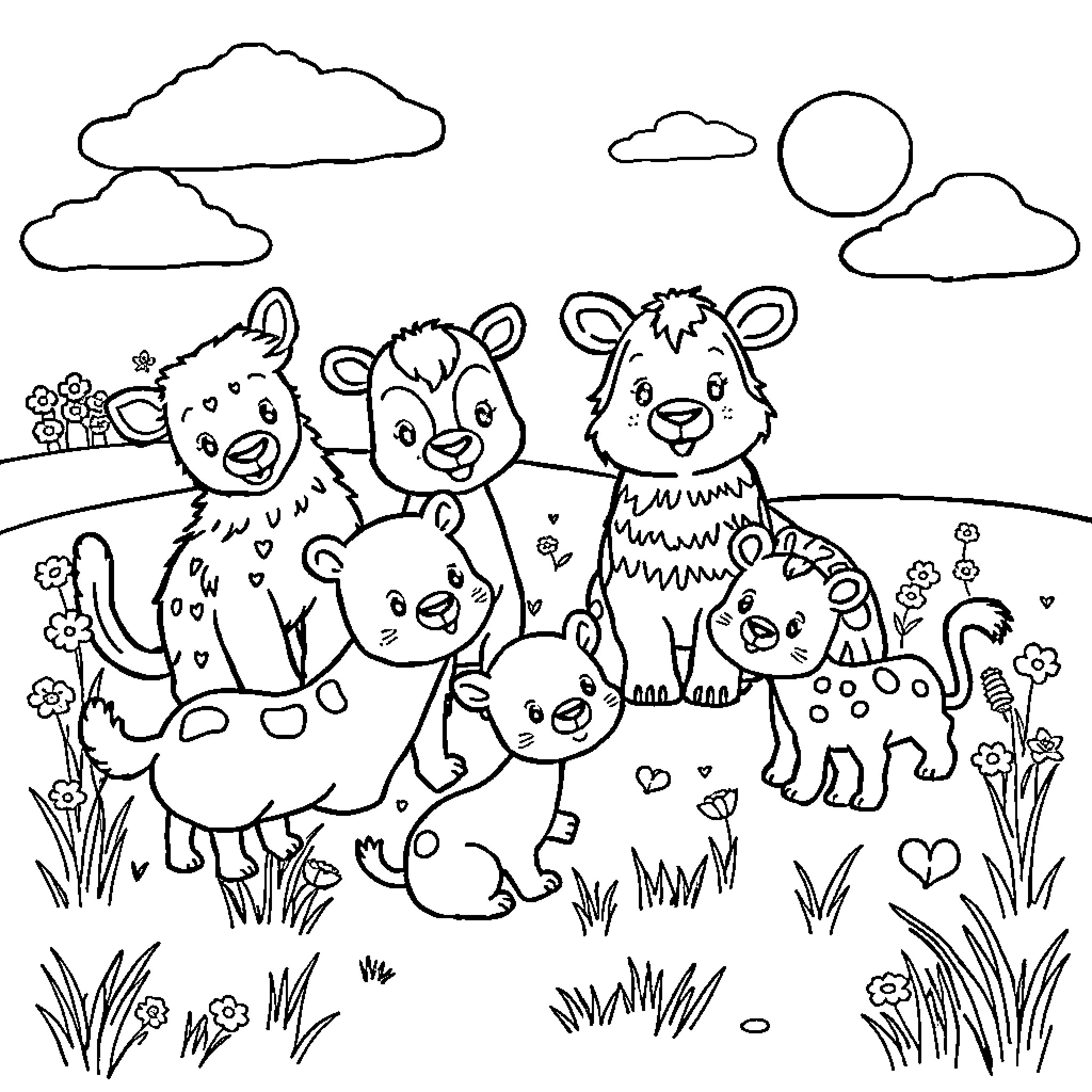 Animals playing happily in the meadow Coloring Page (free black-and-white line drawing printable PDF for all, from beginners to advanced learners, including children, teens, adults, and seniors)