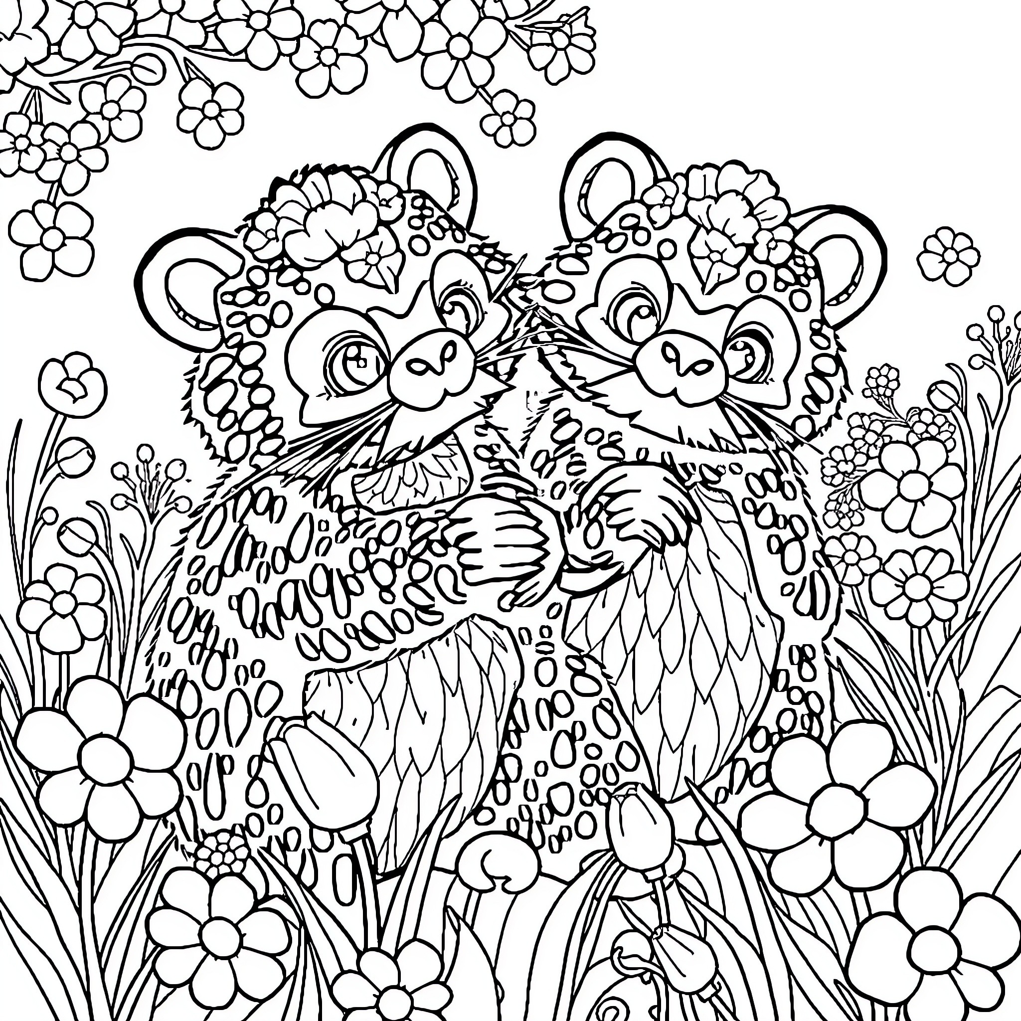Care Bears surrounded by whimsical floral patterns Coloring Page (free black-and-white line drawing printable PDF for all, from beginners to advanced learners, including children, teens, adults, and seniors)