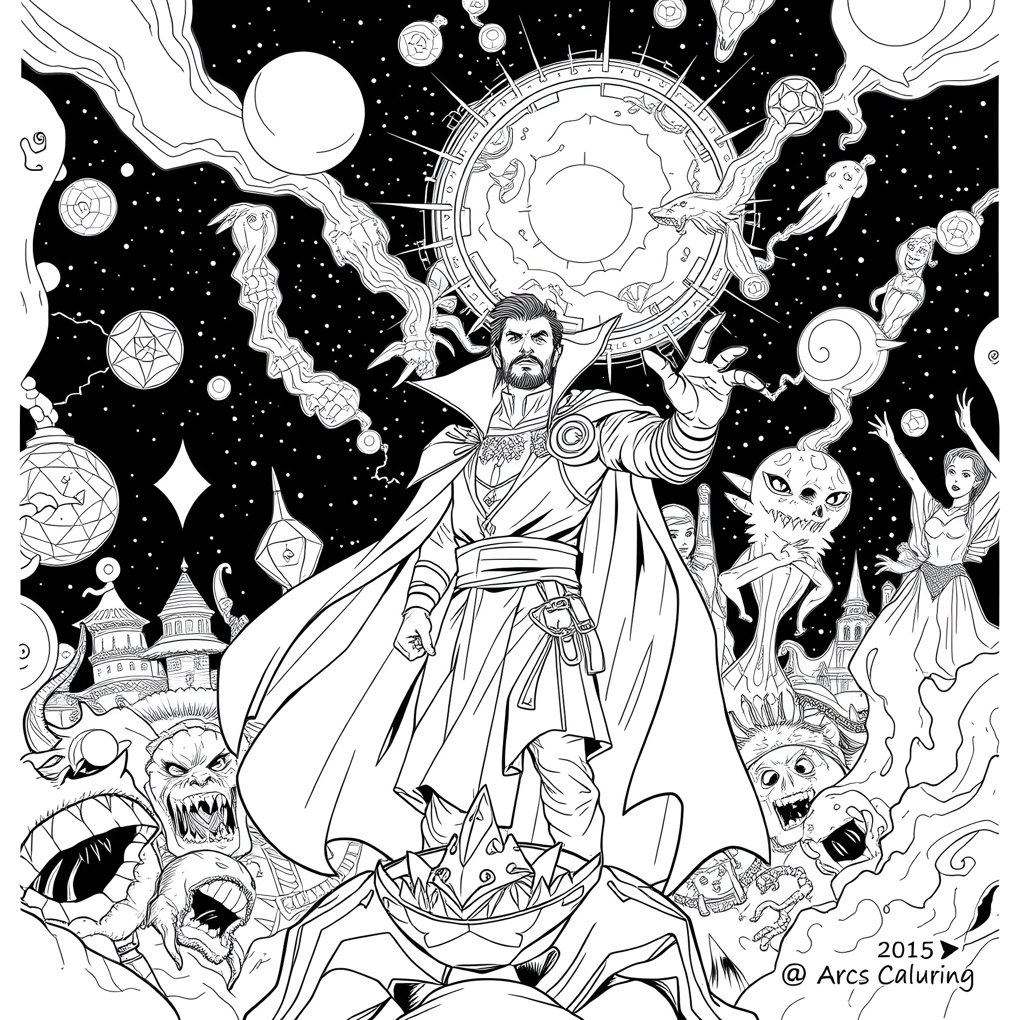 Doctor Strange wielding magical powers in a cosmic realm Coloring Page (free black-and-white line drawing printable PDF for all, from beginners to advanced learners, including children, teens, adults, and seniors)