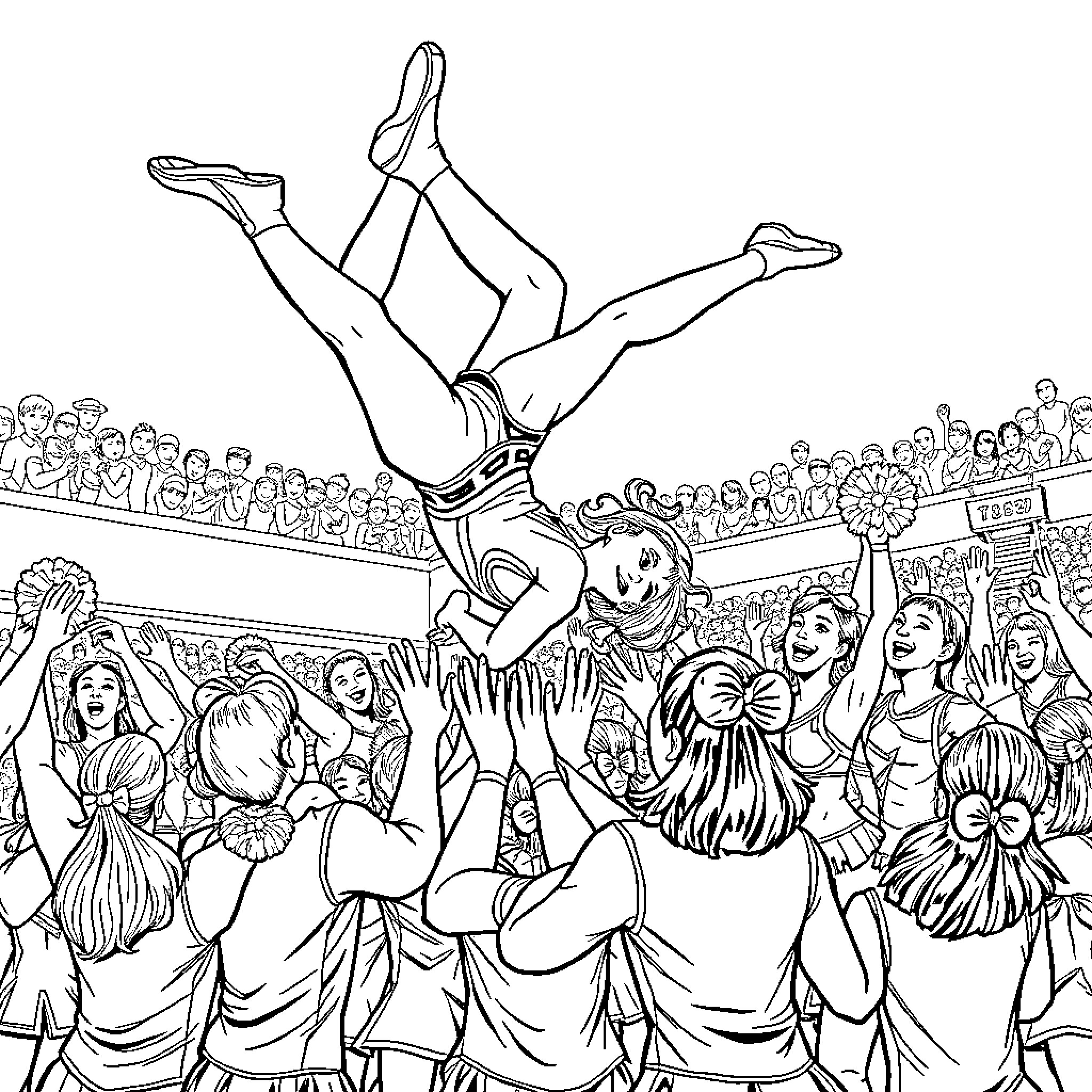 Cheerleader performing acrobatics before an excited crowd Coloring Page (free black-and-white line drawing printable PDF for all, from beginners to advanced learners, including children, teens, adults, and seniors)