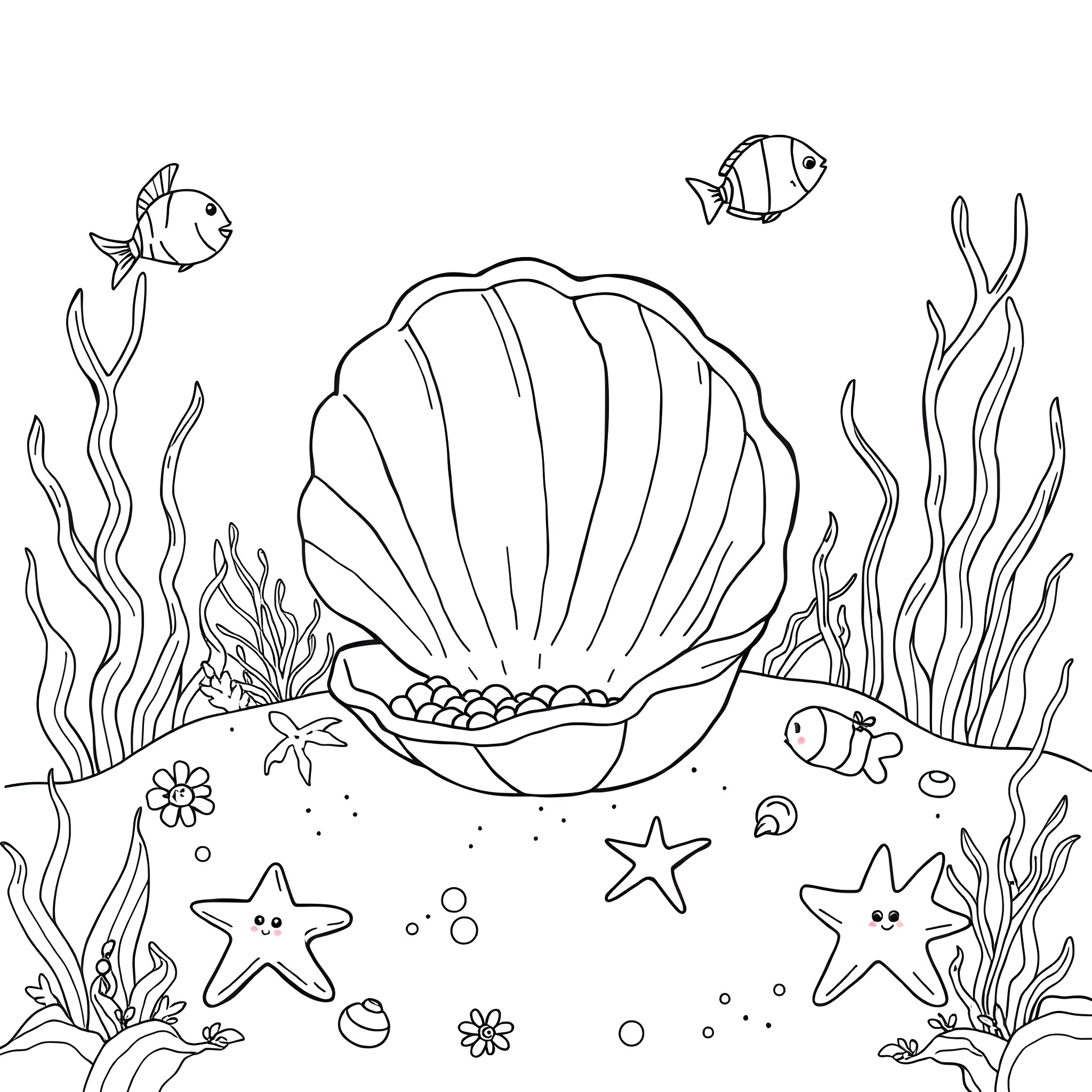Seashell and marine life in the ocean Coloring Page (free black-and-white line drawing printable PDF for all, from beginners to advanced learners, including children, teens, adults, and seniors)