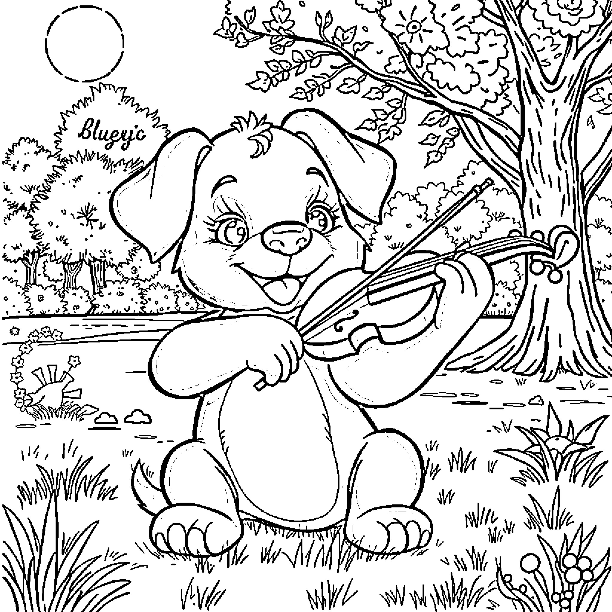 Bluey playing in the magical forest Coloring Page (free black-and-white line drawing printable PDF for all, from beginners to advanced learners, including children, teens, adults, and seniors)