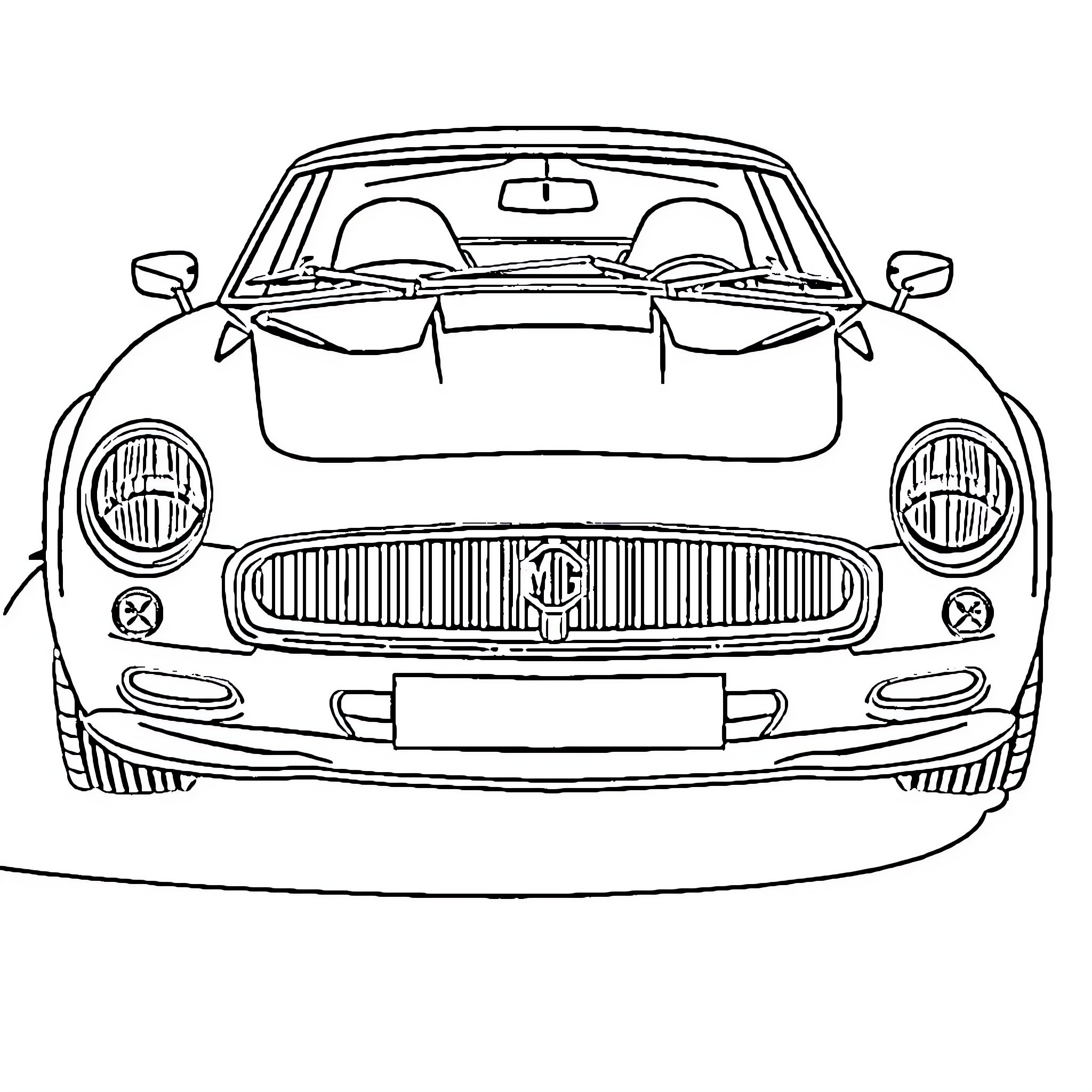 Mg Classic sports car in front view Coloring Page (free black-and-white line drawing printable PDF for all, from beginners to advanced learners, including children, teens, adults, and seniors)