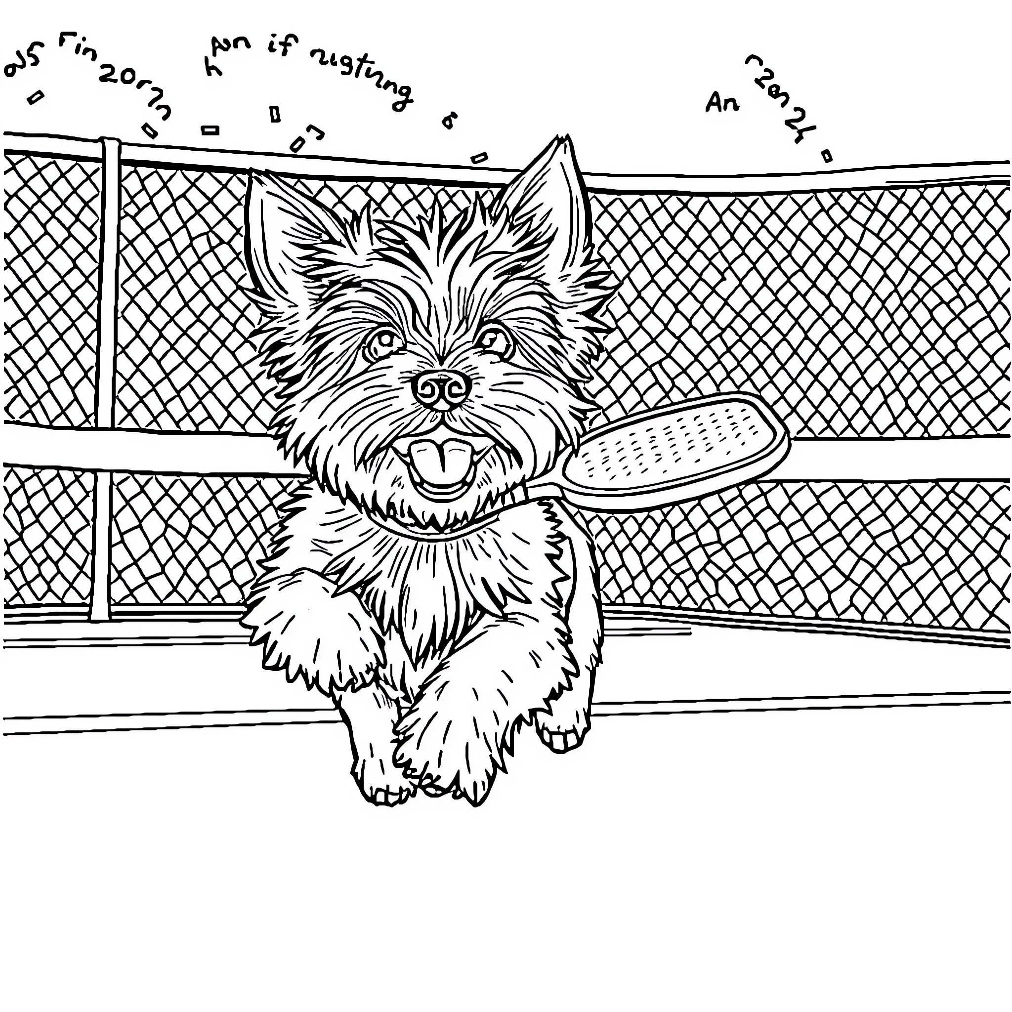 Yorkie dog playing with a brush on a fenced patio Coloring Page (free black-and-white line drawing printable PDF for all, from beginners to advanced learners, including children, teens, adults, and seniors)