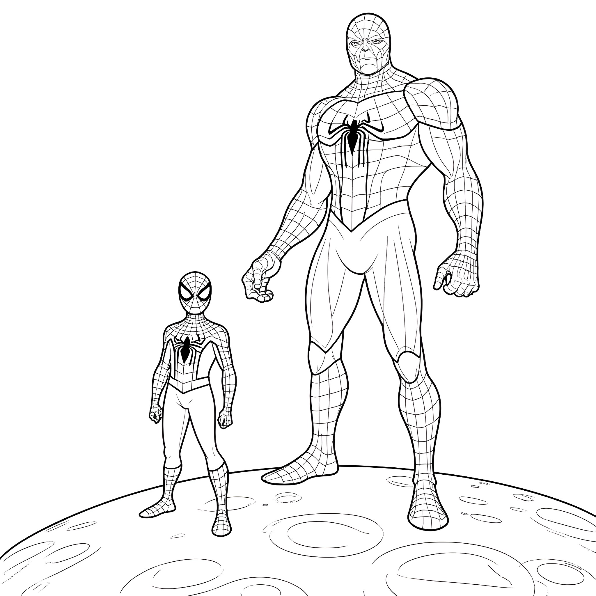 Spider-Man heroic poses on cosmic landscape Coloring Page (free black-and-white line drawing printable PDF for all, from beginners to advanced learners, including children, teens, adults, and seniors)