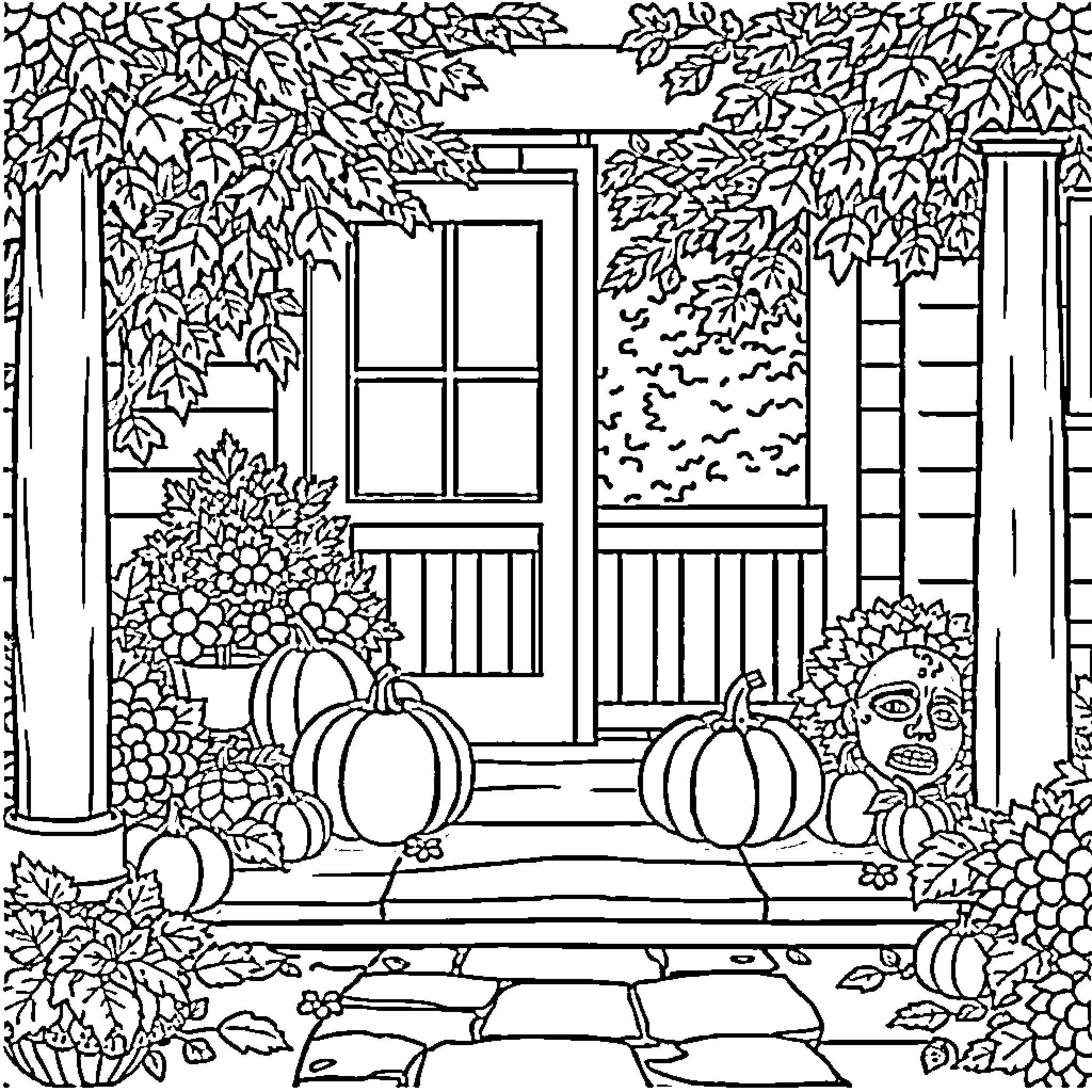 Pumpkins on a Porch during Autumn Coloring Page (free black-and-white line drawing printable PDF for all, from beginners to advanced learners, including children, teens, adults, and seniors)