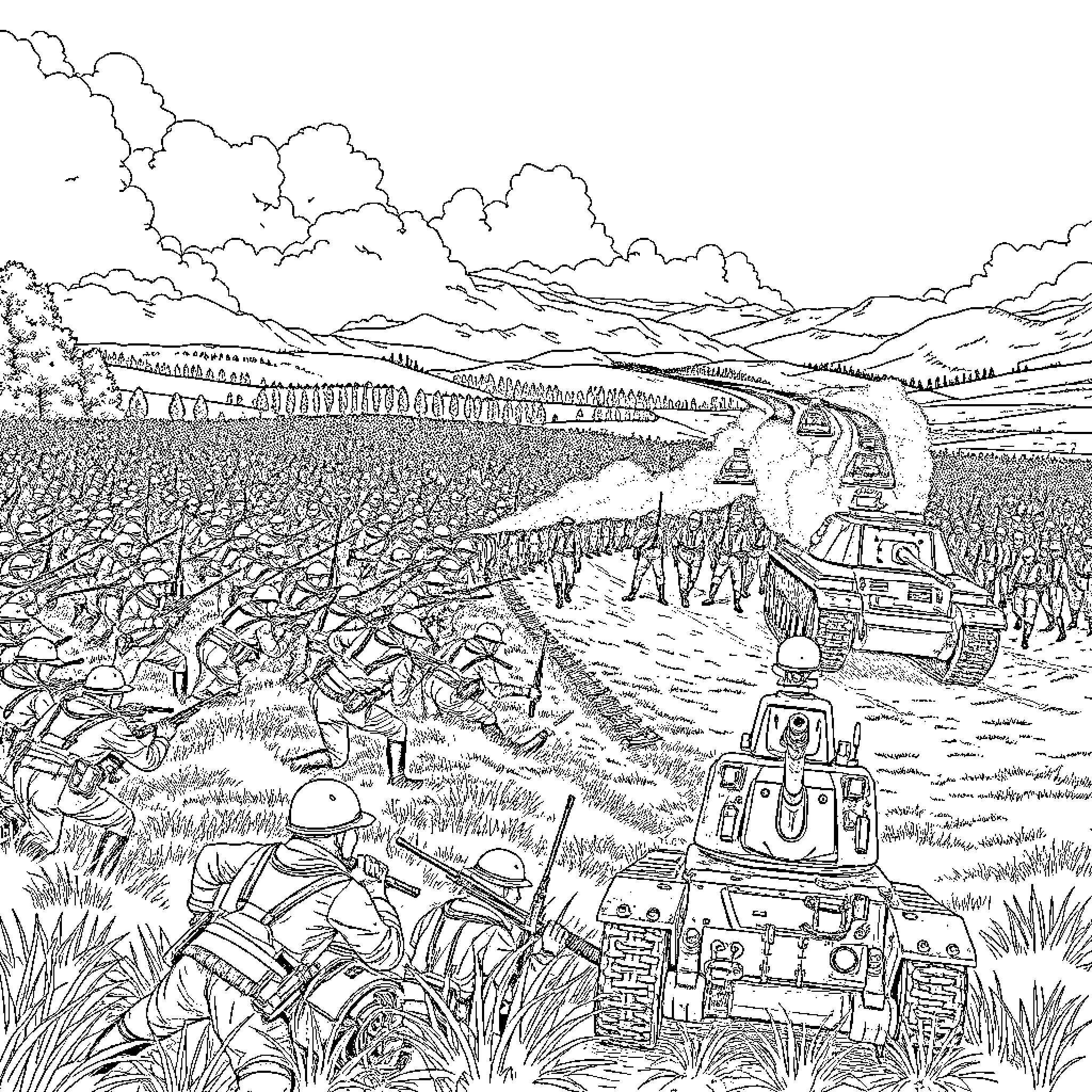 Bataille of armored vehicles and infantry in a rural landscape Coloring Page (free black-and-white line drawing printable PDF for all, from beginners to advanced learners, including children, teens, adults, and seniors)