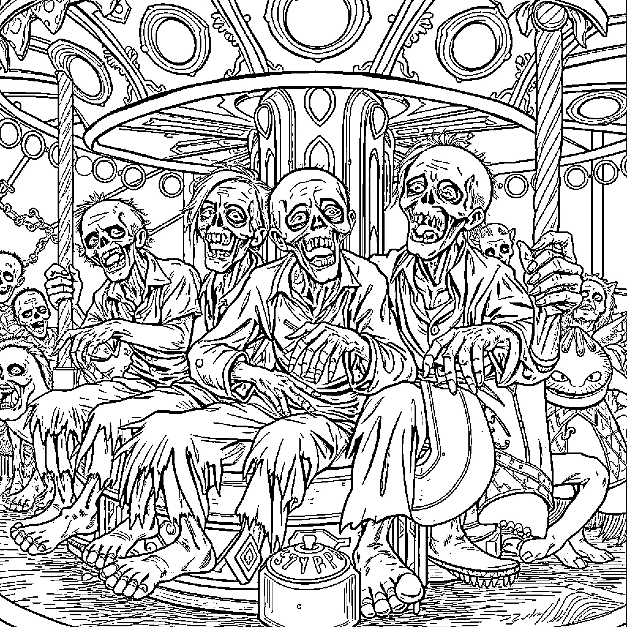 Zombie Family Gathering at the Carnival Coloring Page (free black-and-white line drawing printable PDF for all, from beginners to advanced learners, including children, teens, adults, and seniors)