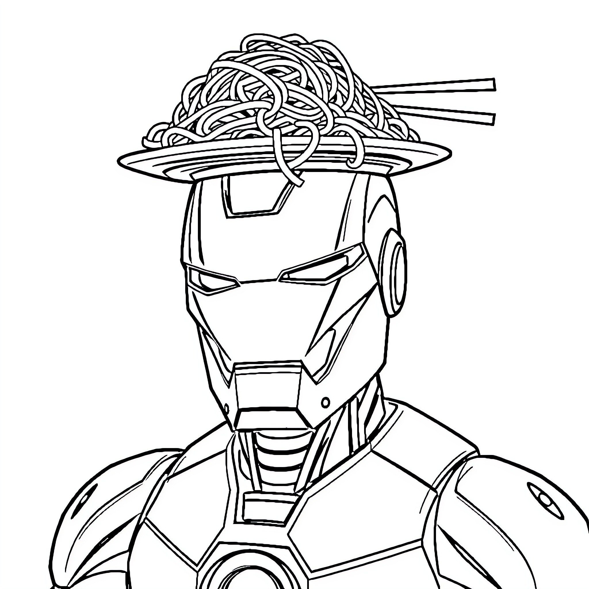 Iron Man Enjoying a Bowl of Noodles Coloring Page (free black-and-white line drawing printable PDF for all, from beginners to advanced learners, including children, teens, adults, and seniors)