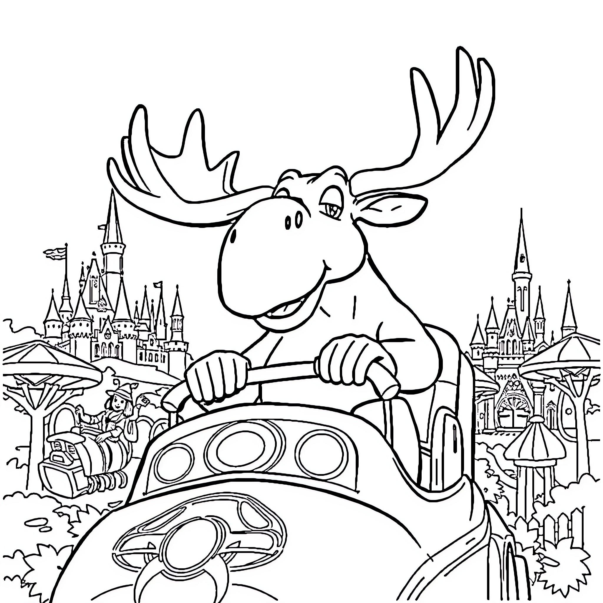 Moose driving a magical vehicle through a fantasy landscape Coloring Page (free black-and-white line drawing printable PDF for all, from beginners to advanced learners, including children, teens, adults, and seniors)